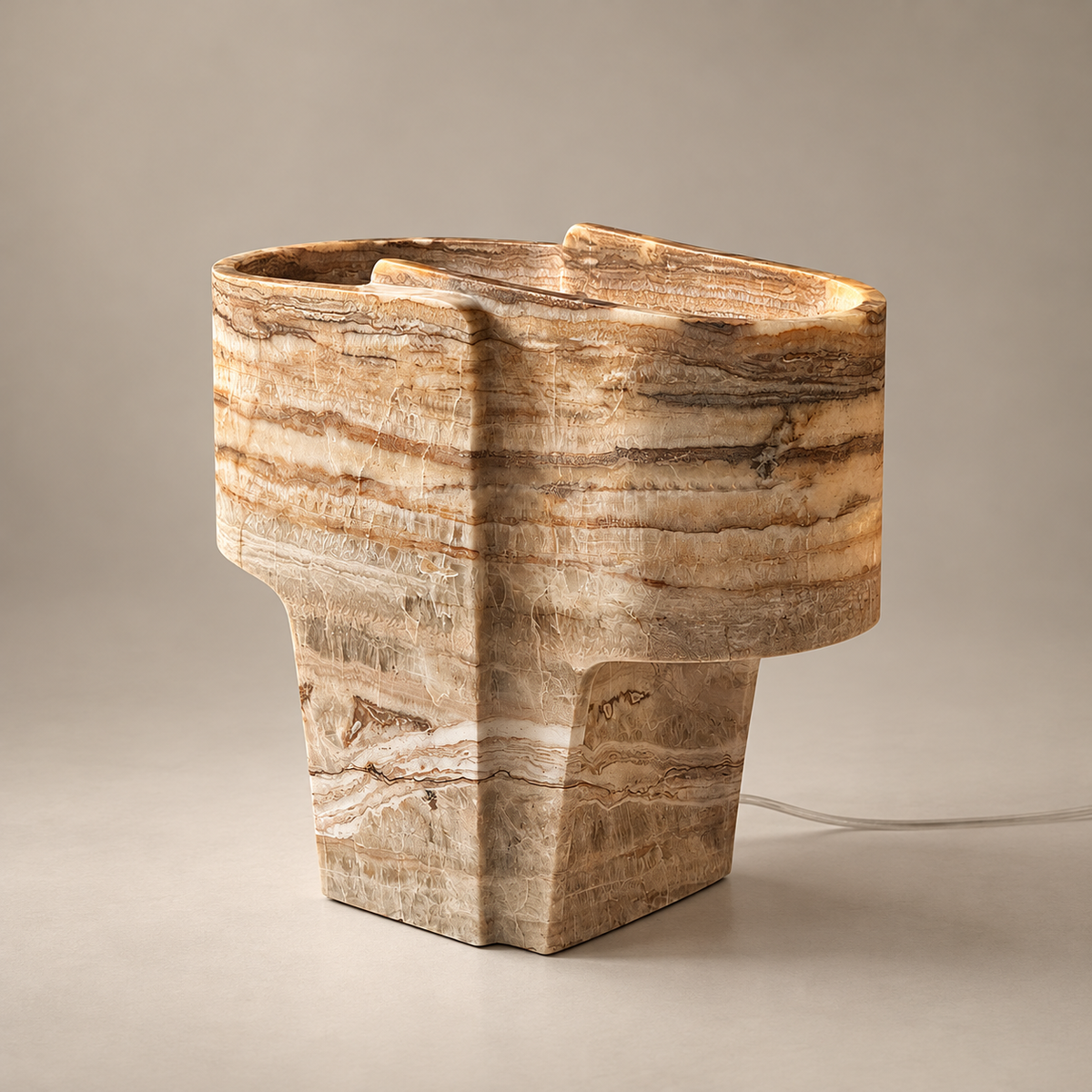 Organic Modern Onyx Texture Table Lamp on a warm greige background; Onyx texture open stone vessel table lamp