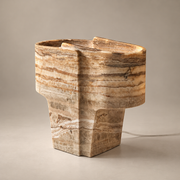 Organic Modern Onyx Texture Table Lamp on a warm greige background; Onyx texture open stone vessel table lamp