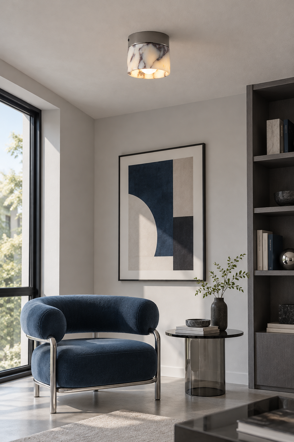 Minimalist Marble Round Ceiling Light — ARDEN LUME lifestyle scene, fixture on, representative appearance