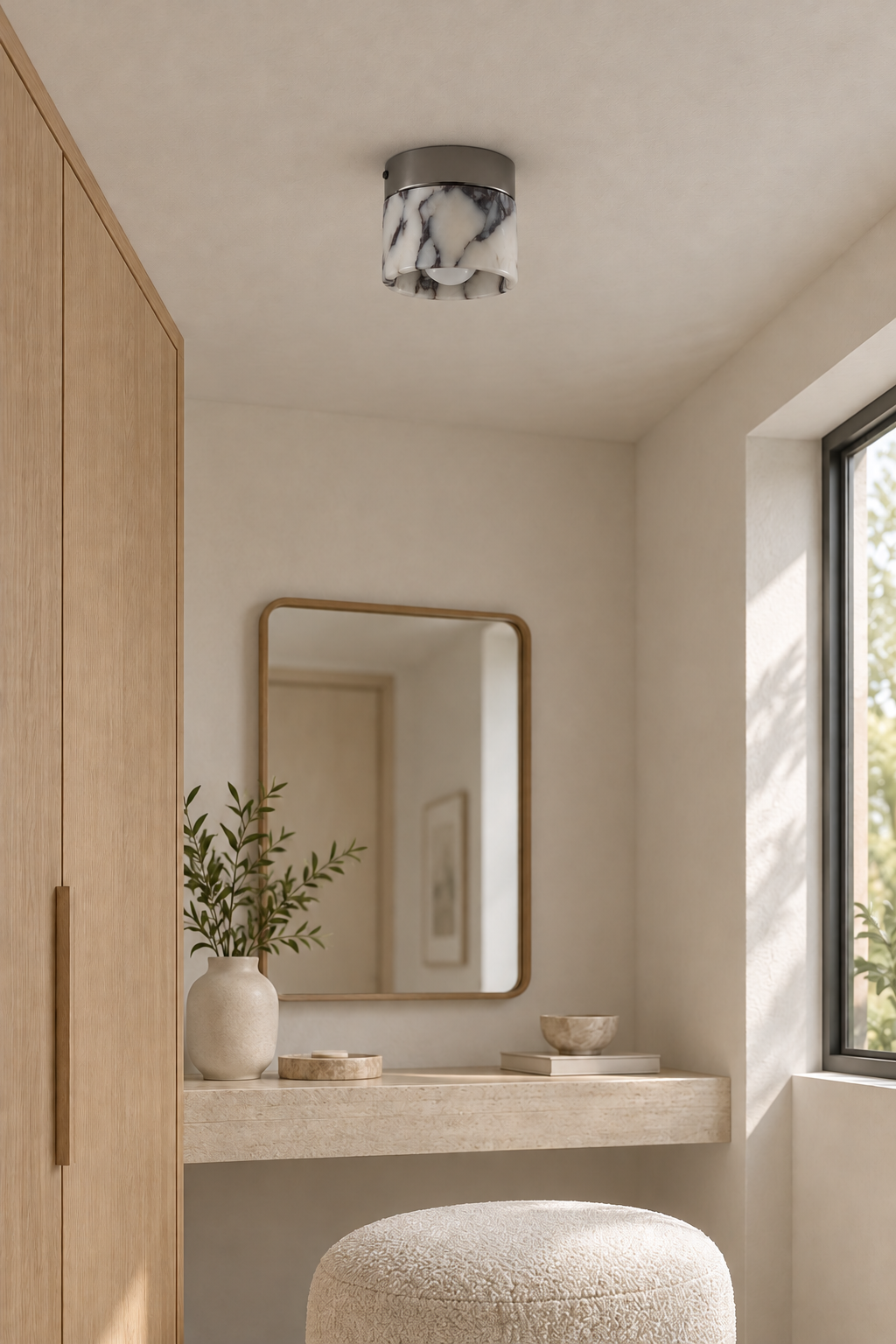 Minimalist Marble Round Ceiling Light — ARDEN LUME lifestyle scene, fixture off, representative appearance
