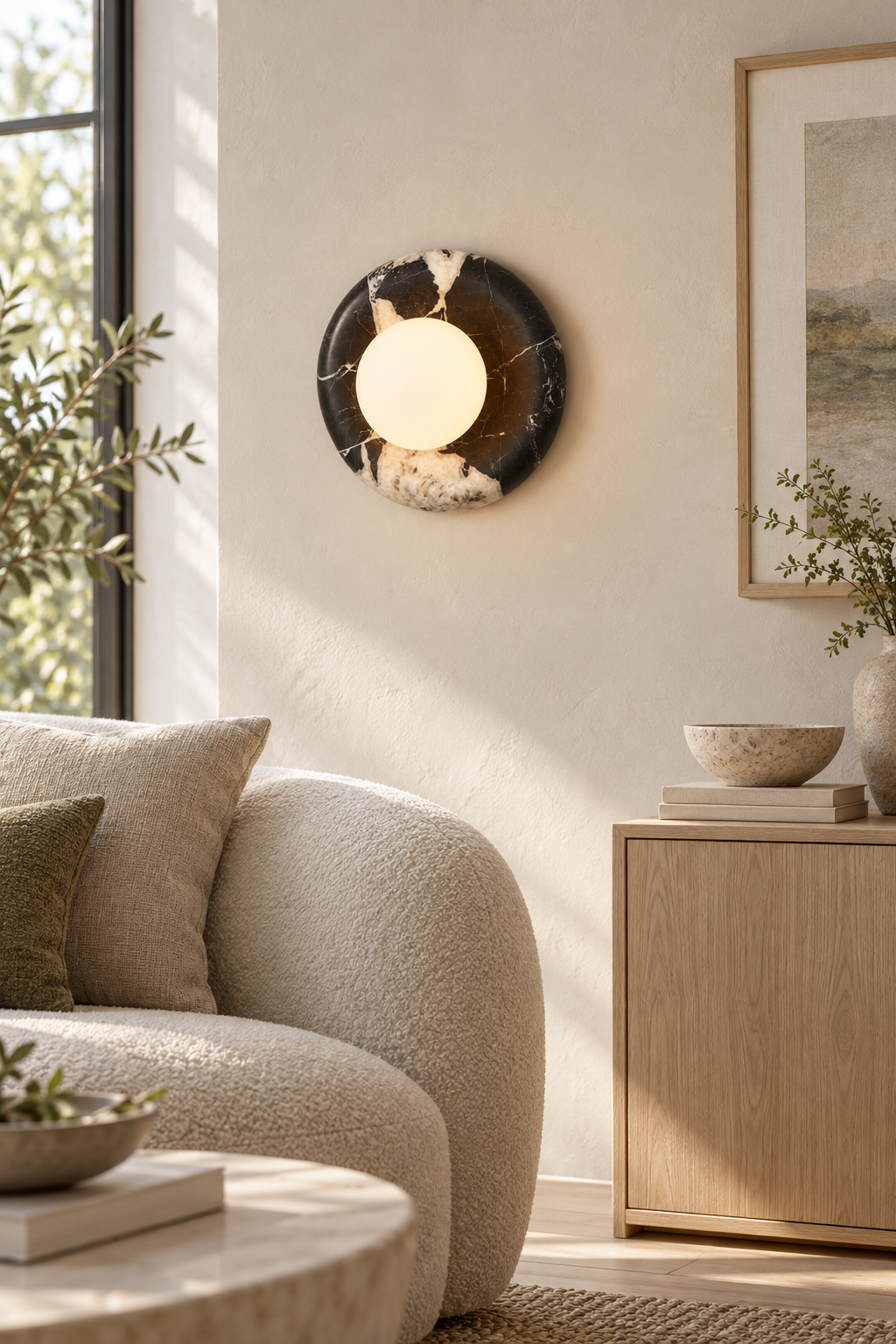 Orli Black Marble Globe Wall Sconce — ARDEN LUME lifestyle scene, fixture on, representative appearance