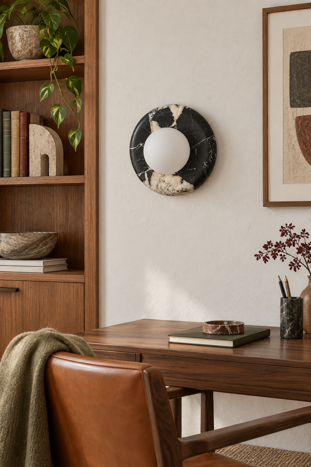 Orli Black Marble Globe Wall Sconce — ARDEN LUME lifestyle scene, fixture off, representative appearance
