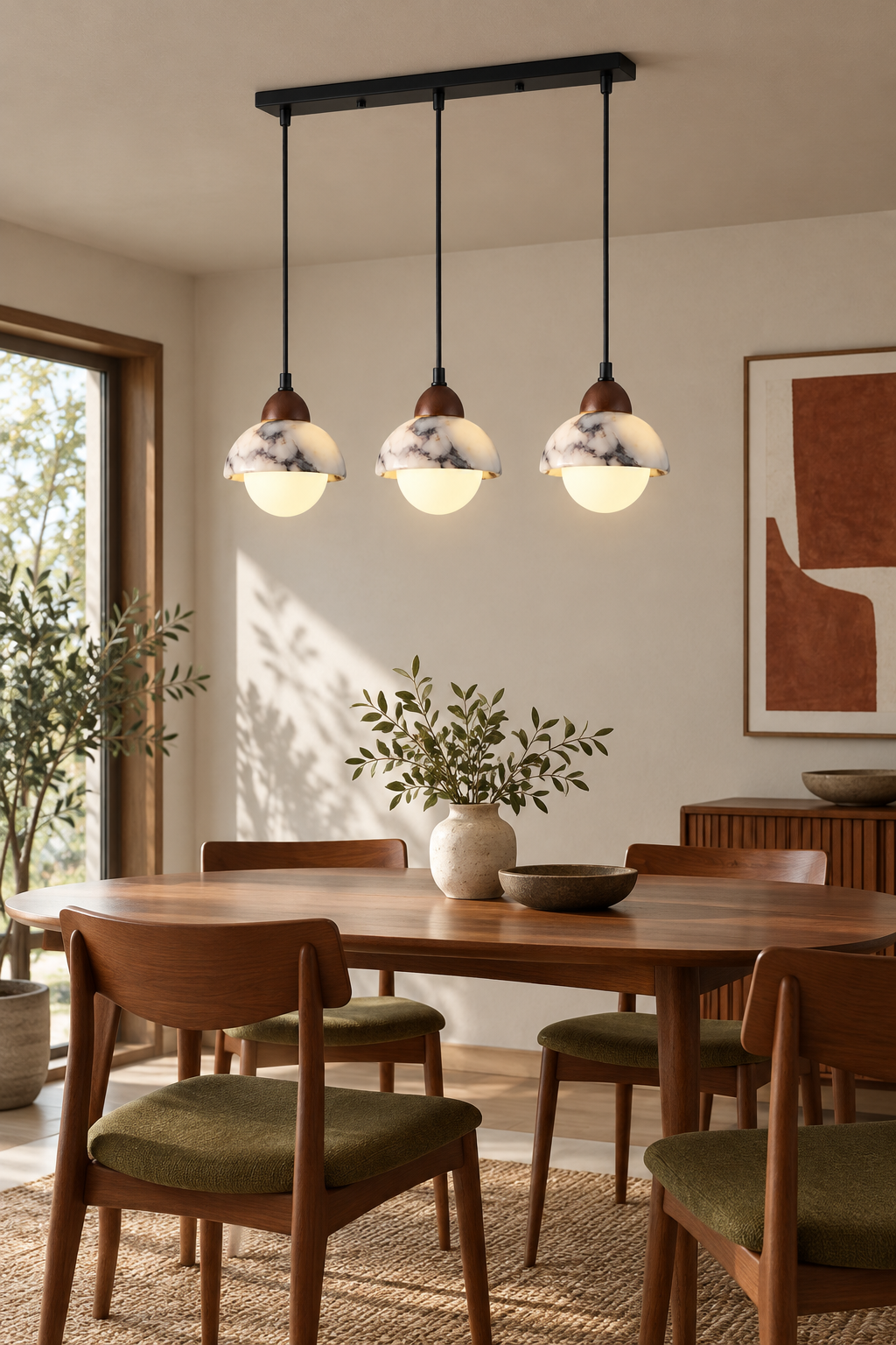 Polaris Mid-Century Marble Pendant Light — ARDEN LUME lifestyle scene, fixture on, representative appearance
