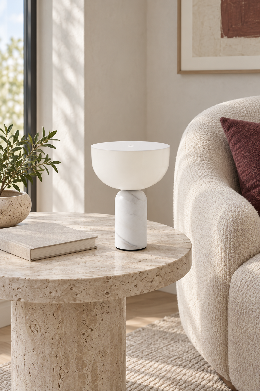 Kizu Marble Rechargeable Table Lamp — ARDEN LUME lifestyle scene, fixture off, representative appearance