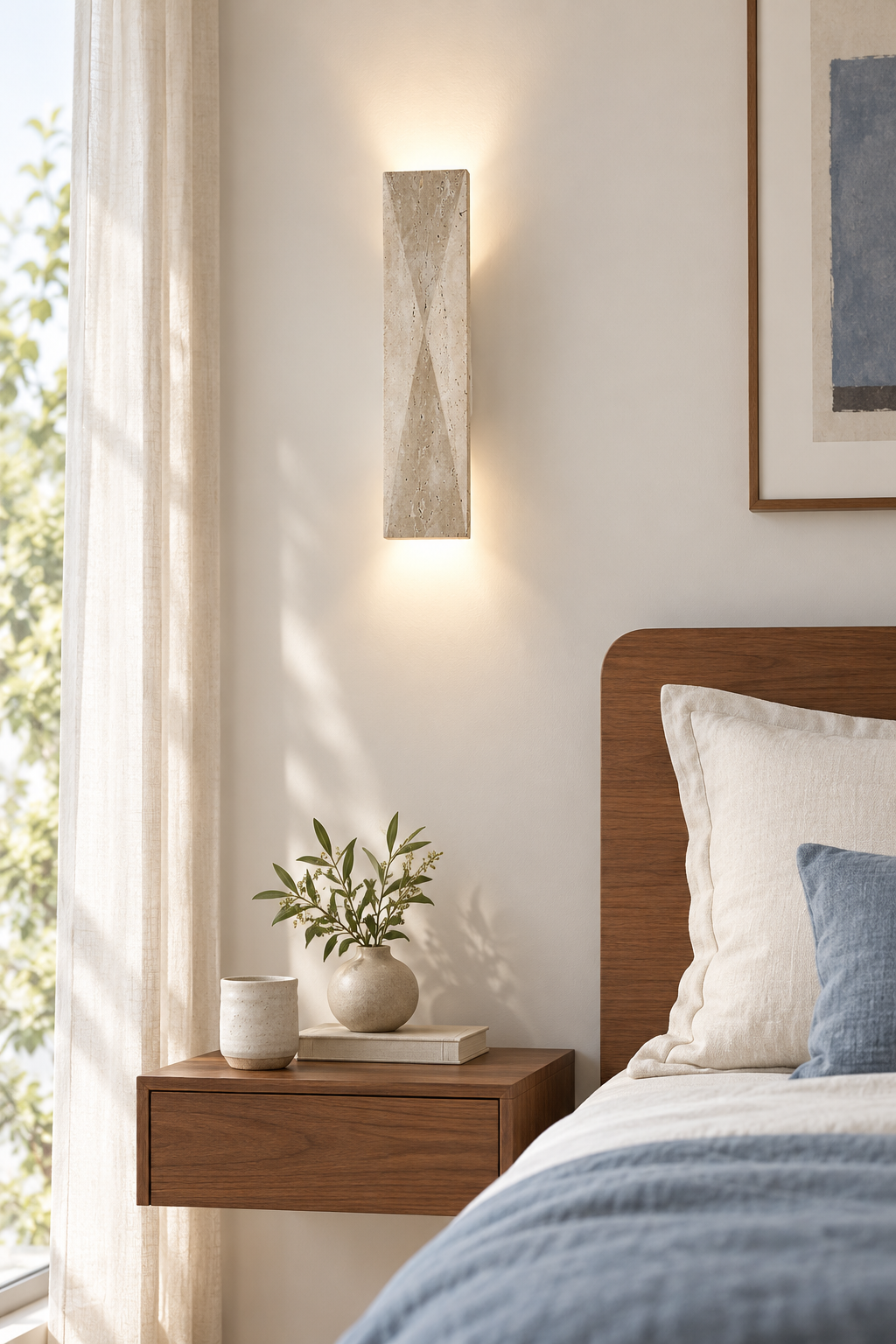 Tropez Japandi Travertine Wall Sconce — ARDEN LUME lifestyle scene, fixture on, representative appearance