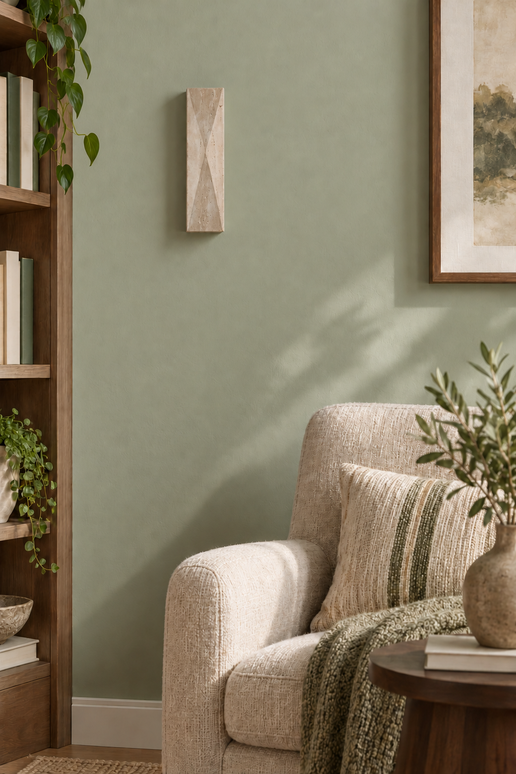 Tropez Japandi Travertine Wall Sconce — ARDEN LUME lifestyle scene, fixture off, representative appearance