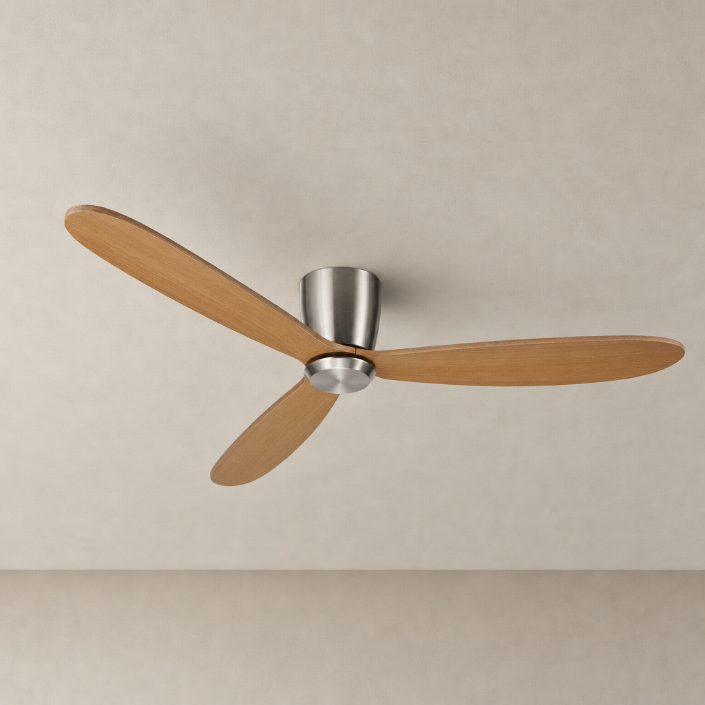 Satin Nickel and Teak Low-Profile Ceiling Fan - FAN923-A-01 — Satin Nickel + Teak Blades clean installed product view on a warm neutral ceiling background