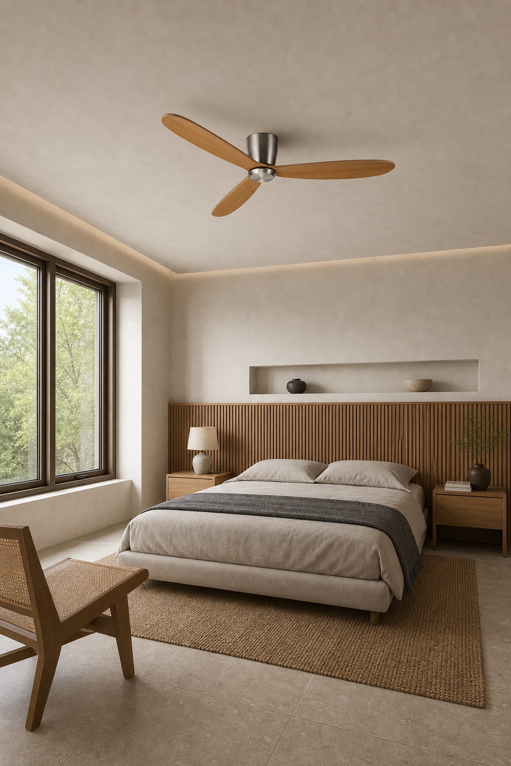 Satin Nickel and Teak Low-Profile Ceiling Fan - FAN923-A-01 — japandi bedroom room scene