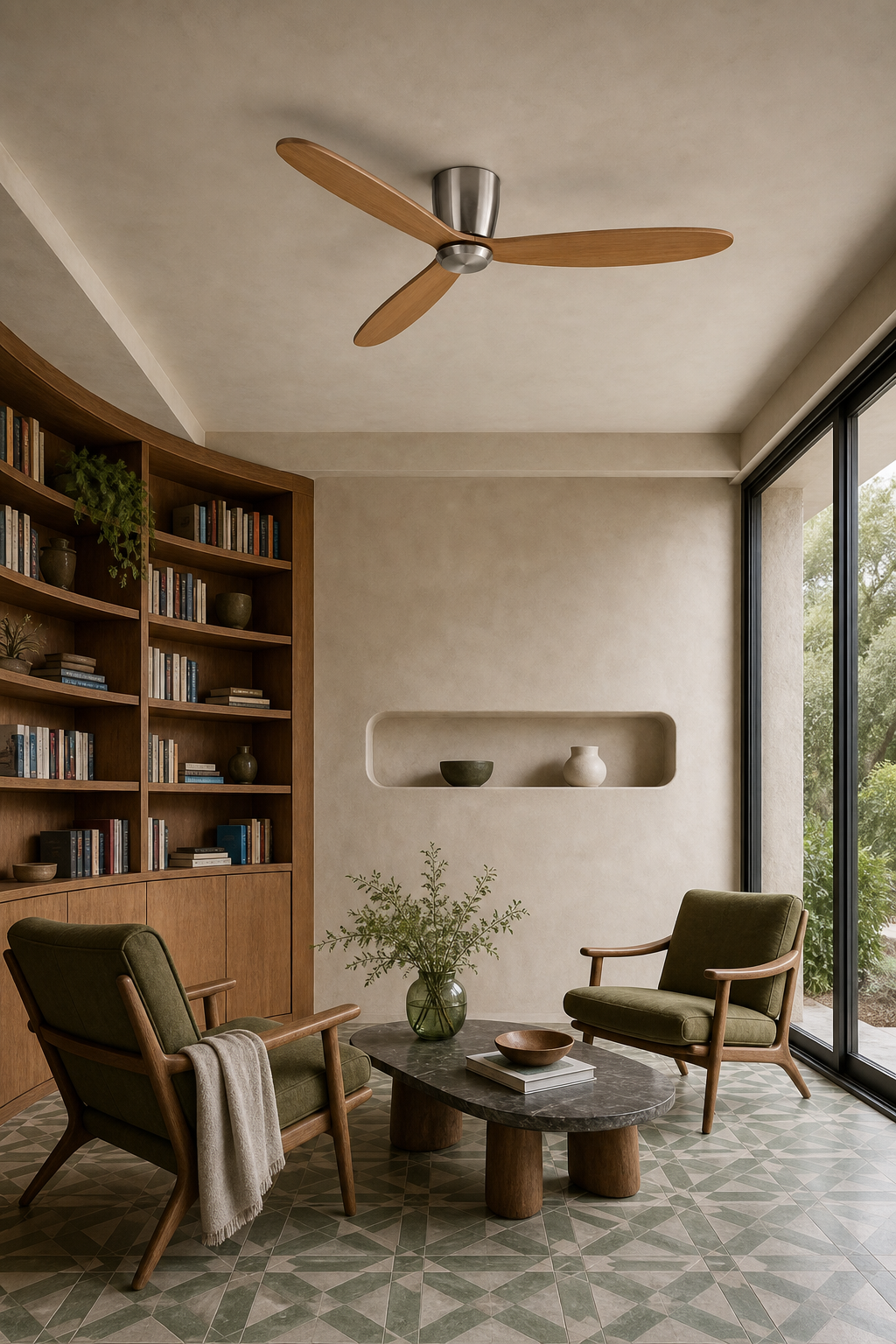 Satin Nickel and Teak Low-Profile Ceiling Fan - FAN923-A-01 — reading room room scene