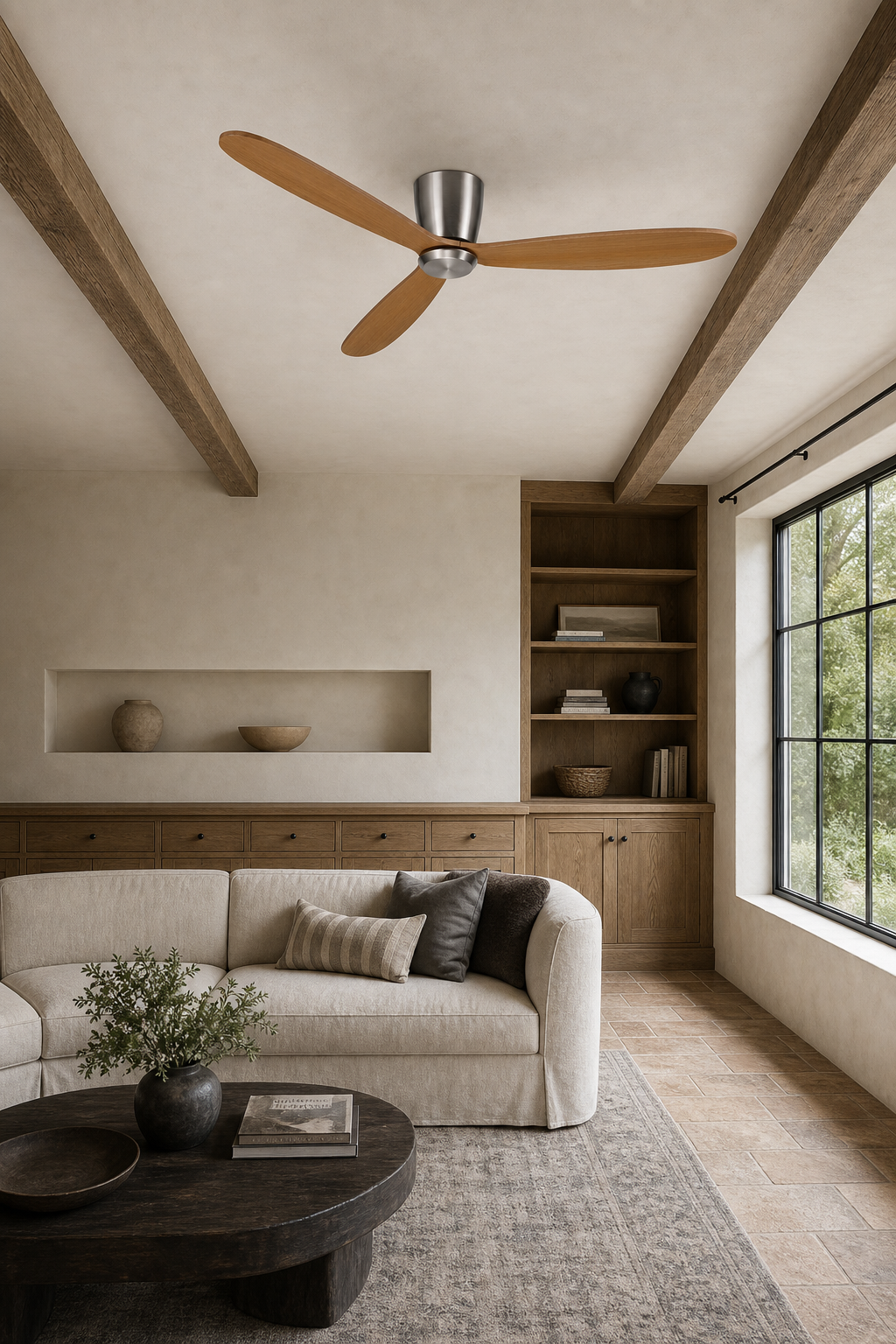 Satin Nickel and Teak Low-Profile Ceiling Fan - FAN923-A-01 — farmhouse family room room scene