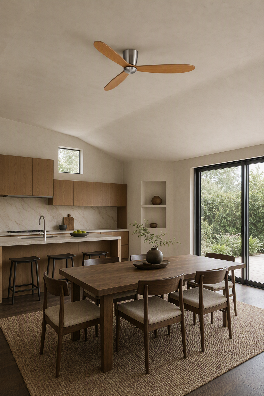 Satin Nickel and Teak Low-Profile Ceiling Fan - FAN923-A-01 — open kitchen dining room scene