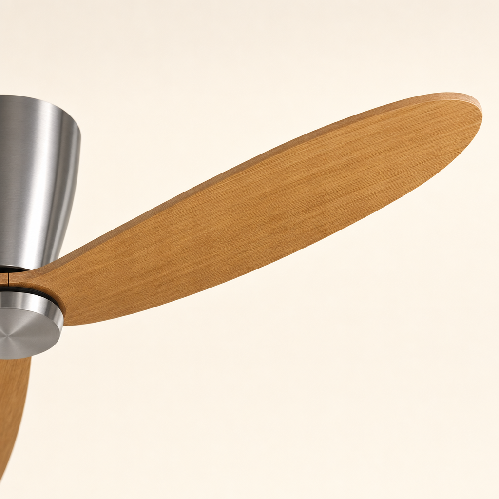Satin Nickel and Teak Low-Profile Ceiling Fan - FAN923-A-01 — blade material edge close-up
