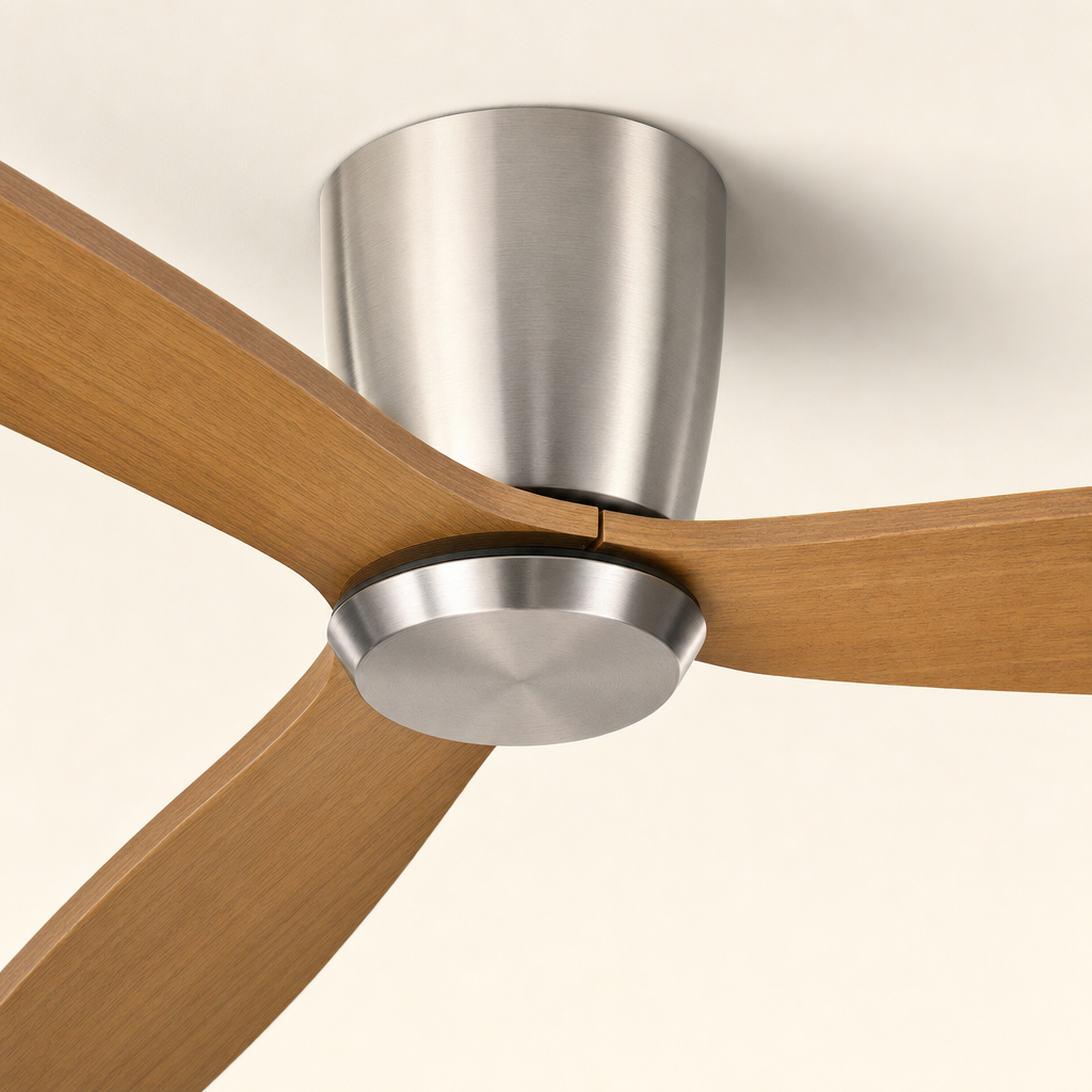 Satin Nickel and Teak Low-Profile Ceiling Fan - FAN923-A-01 — housing blade joint close-up