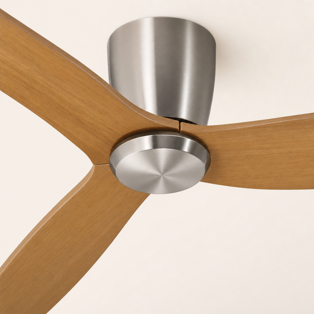 Satin Nickel and Teak Low-Profile Ceiling Fan - FAN923-A-01 — lower cap finish close-up