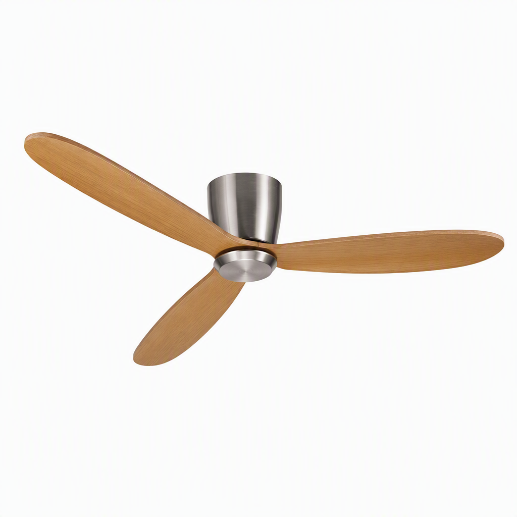 Satin Nickel and Teak Low-Profile Ceiling Fan - FAN923-A-01 — exact product on a seamless pure white background