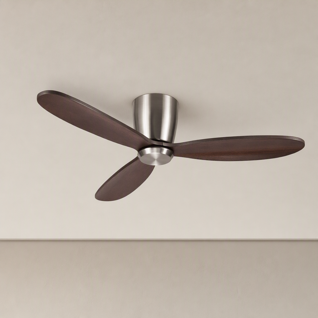 Satin Nickel and Walnut Low-Profile Ceiling Fan - FAN923-A-02 — Satin Nickel + Walnut Blades clean installed product view on a warm neutral ceiling background