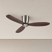 Satin Nickel and Walnut Low-Profile Ceiling Fan - FAN923-A-02 — Satin Nickel + Walnut Blades clean installed product view on a warm neutral ceiling background