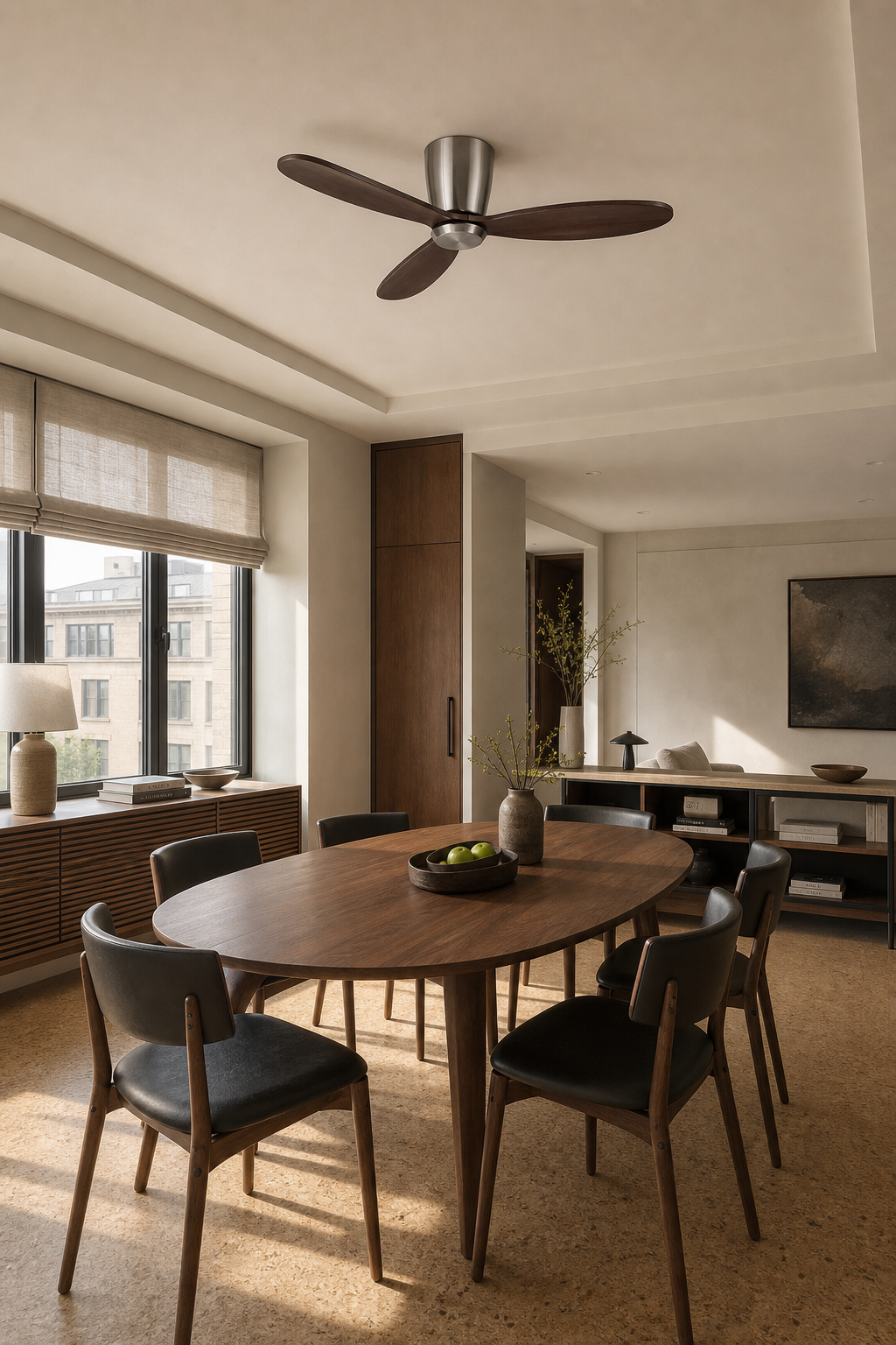 Satin Nickel and Walnut Low-Profile Ceiling Fan - FAN923-A-02 — apartment dining room scene