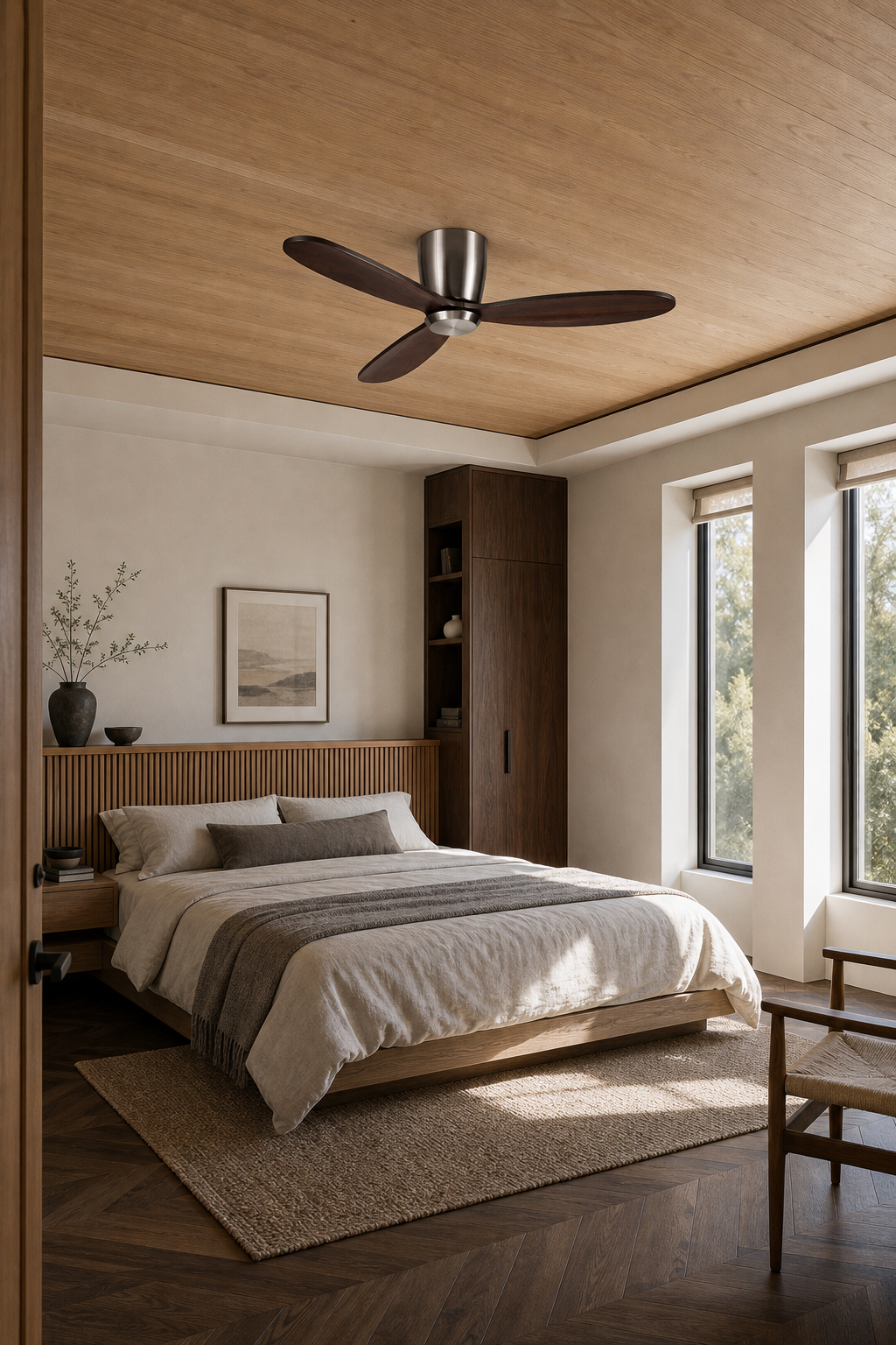Satin Nickel and Walnut Low-Profile Ceiling Fan - FAN923-A-02 — japandi bedroom room scene