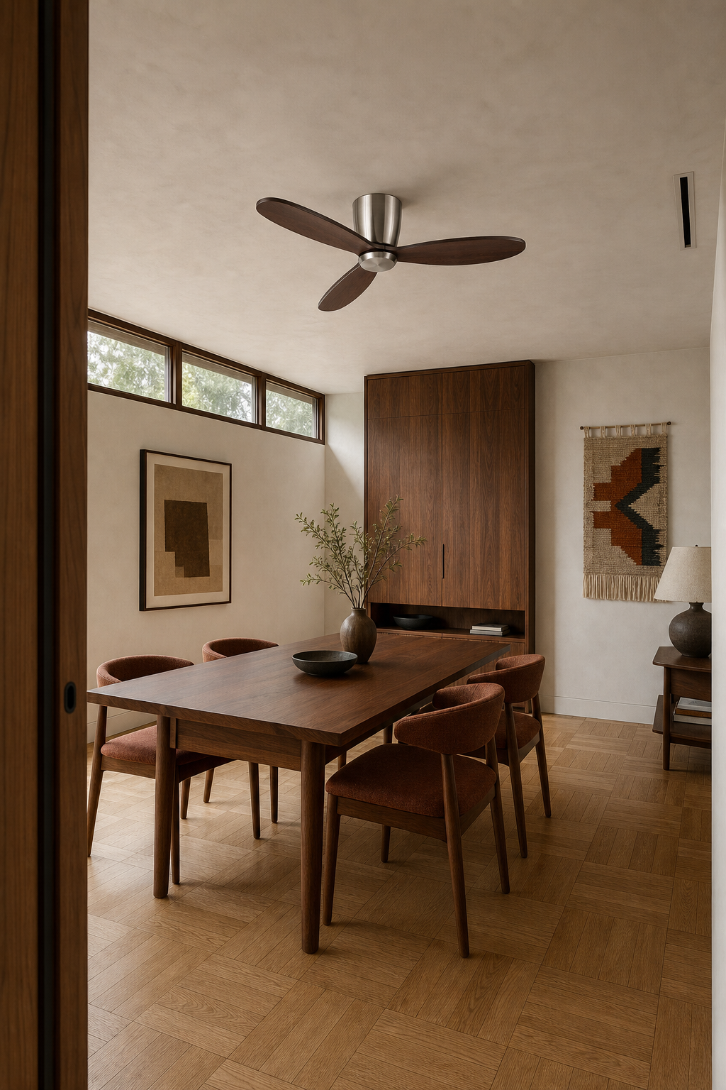 Satin Nickel and Walnut Low-Profile Ceiling Fan - FAN923-A-02 — midcentury dining room scene