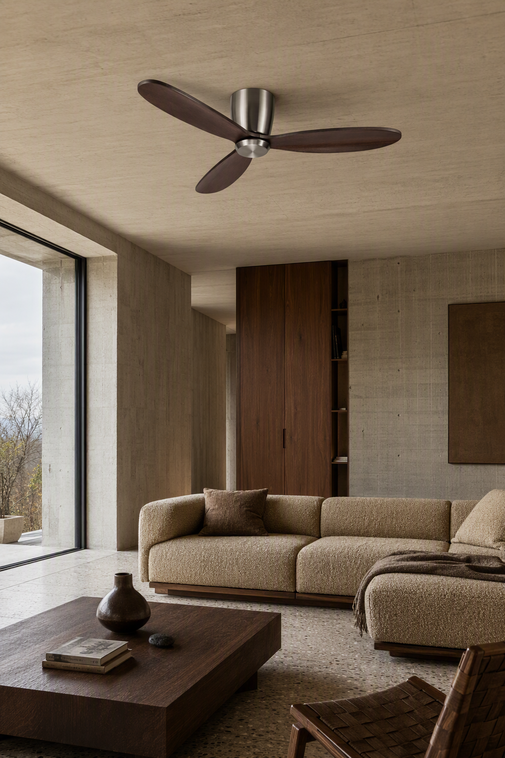 Satin Nickel and Walnut Low-Profile Ceiling Fan - FAN923-A-02 — brutalist living room scene