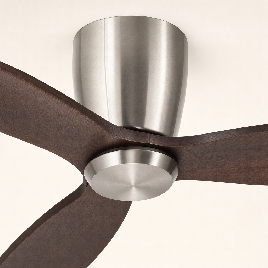 Satin Nickel and Walnut Low-Profile Ceiling Fan - FAN923-A-02 — housing blade joint close-up