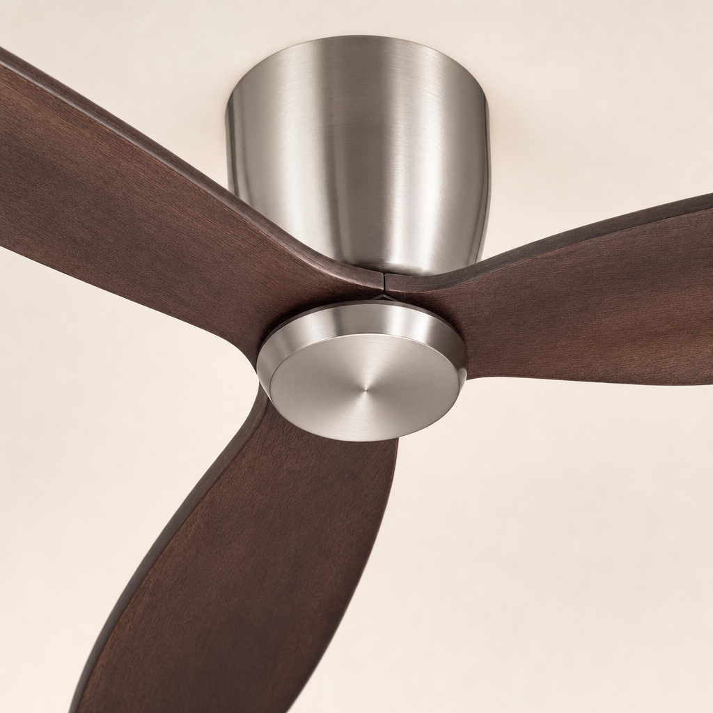 Satin Nickel and Walnut Low-Profile Ceiling Fan - FAN923-A-02 — lower cap finish close-up