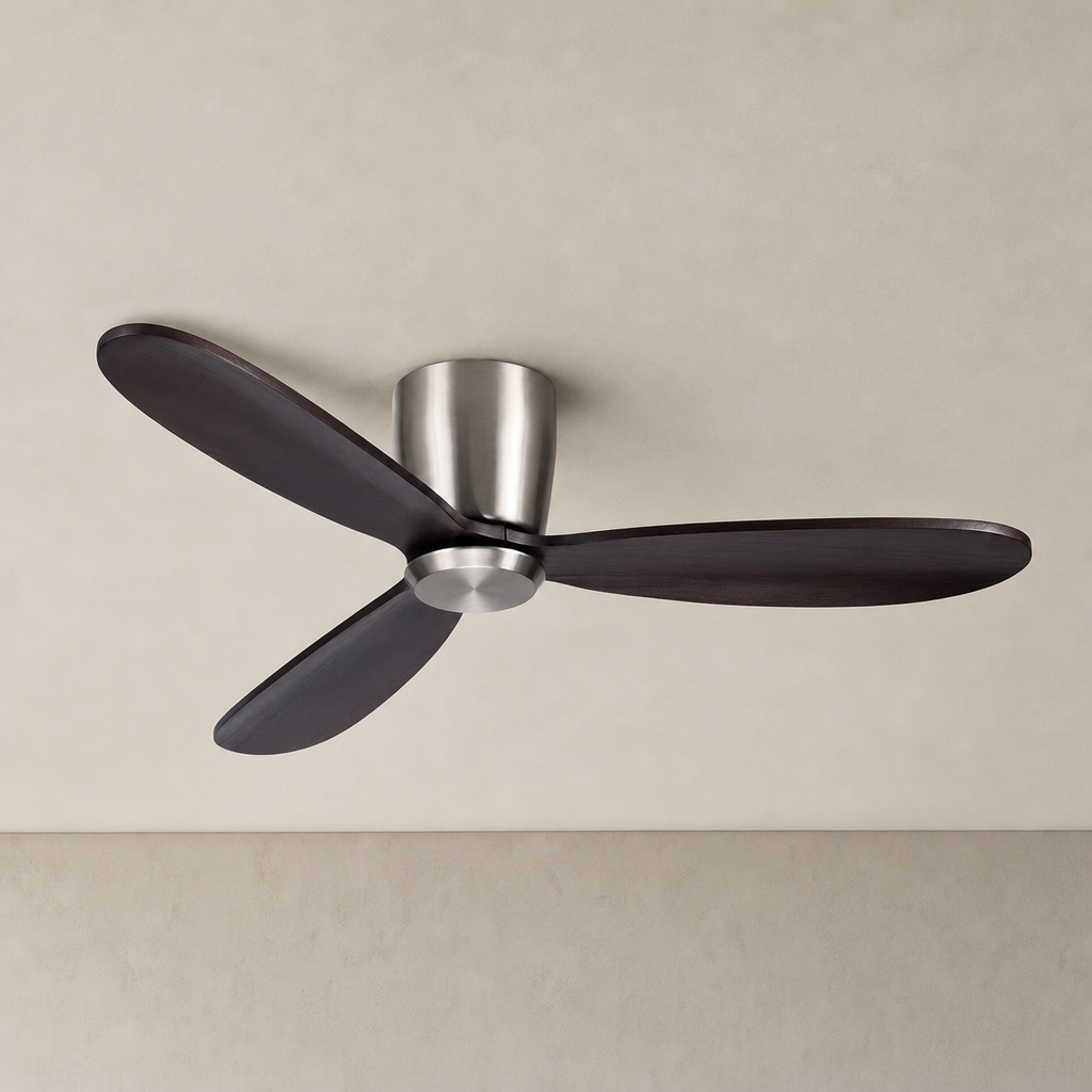 Satin Nickel and Dark Walnut Low-Profile Ceiling Fan - FAN923-A-03 — Satin Nickel + Dark Walnut Blades clean installed product view on a warm neutral ceiling background