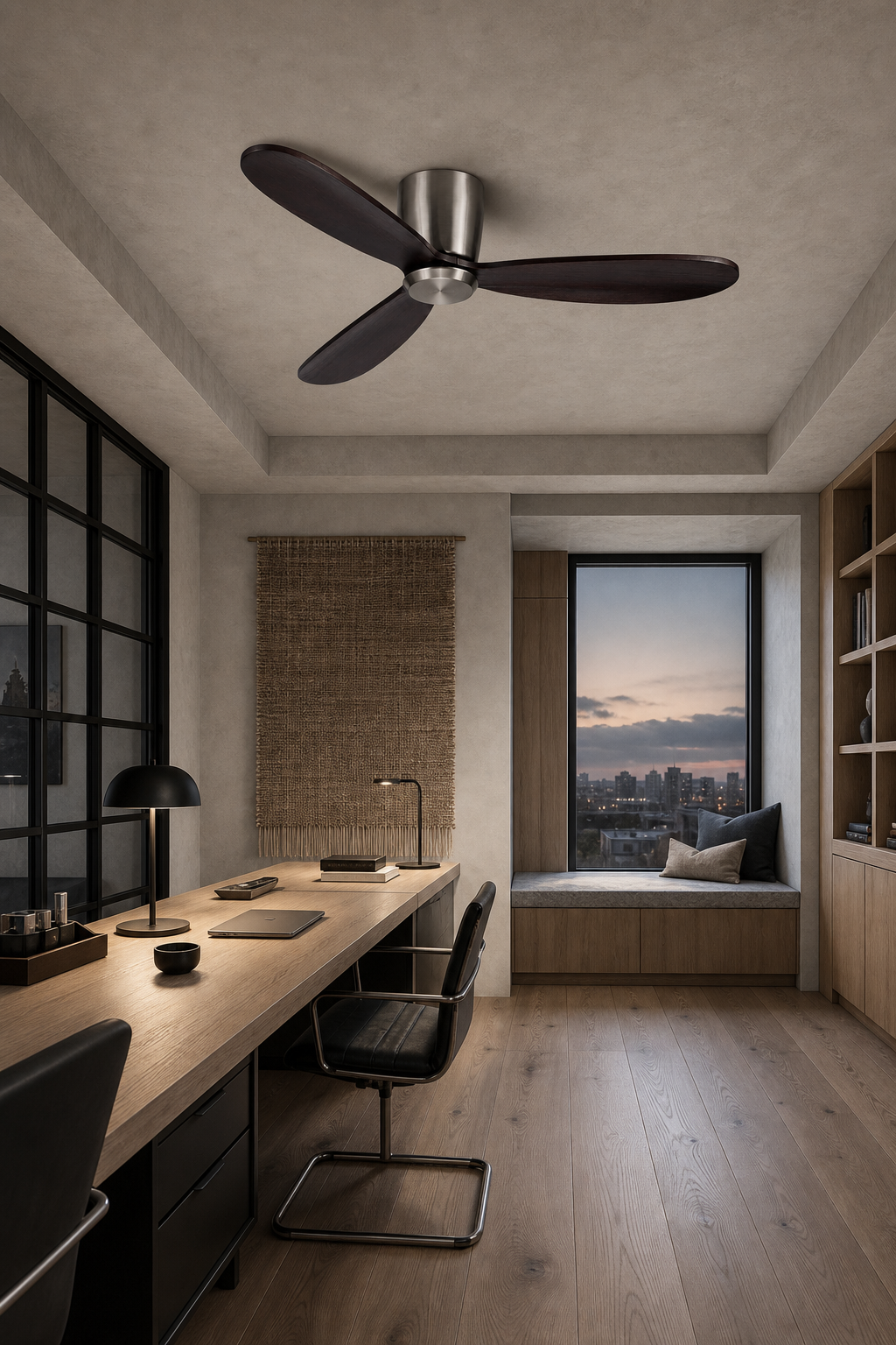 Satin Nickel and Dark Walnut Low-Profile Ceiling Fan - FAN923-A-03 — loft study room scene