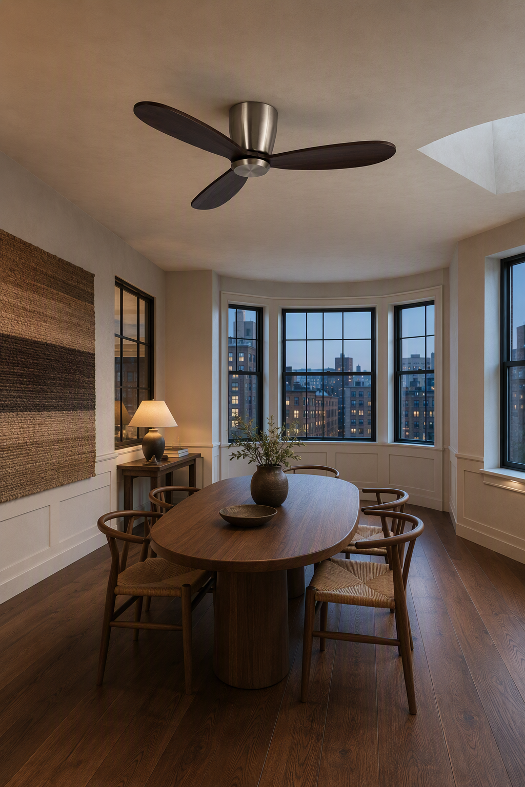 Satin Nickel and Dark Walnut Low-Profile Ceiling Fan - FAN923-A-03 — apartment dining room scene