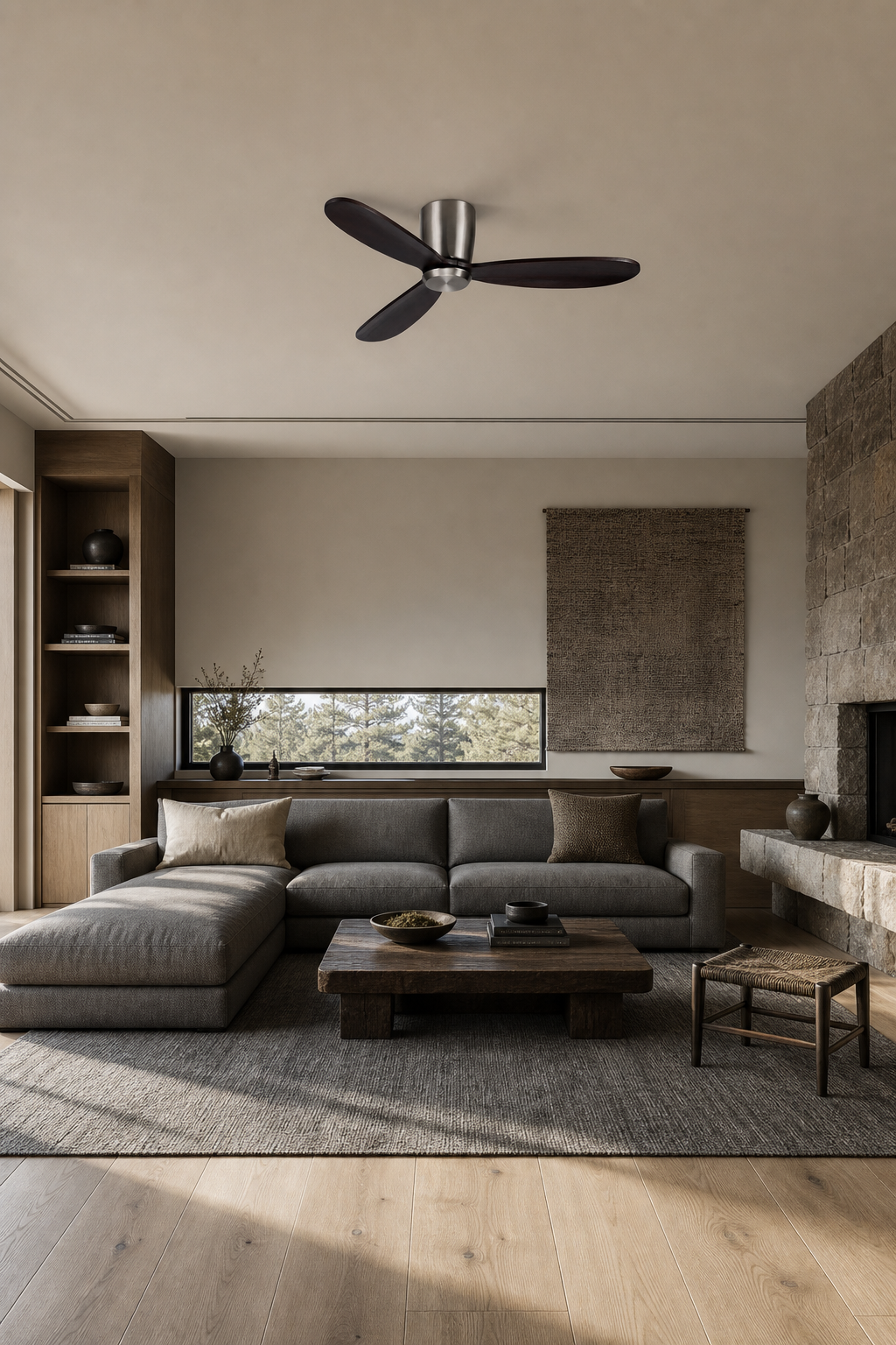 Satin Nickel and Dark Walnut Low-Profile Ceiling Fan - FAN923-A-03 — mountain great room room scene