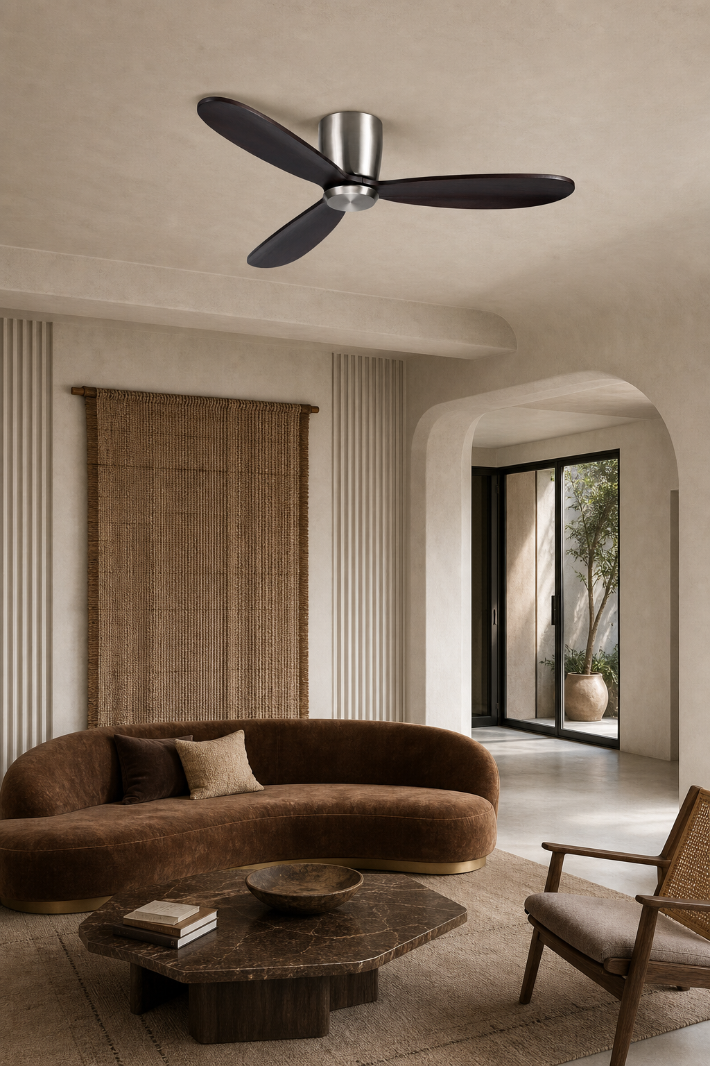 Satin Nickel and Dark Walnut Low-Profile Ceiling Fan - FAN923-A-03 — art deco lounge room scene