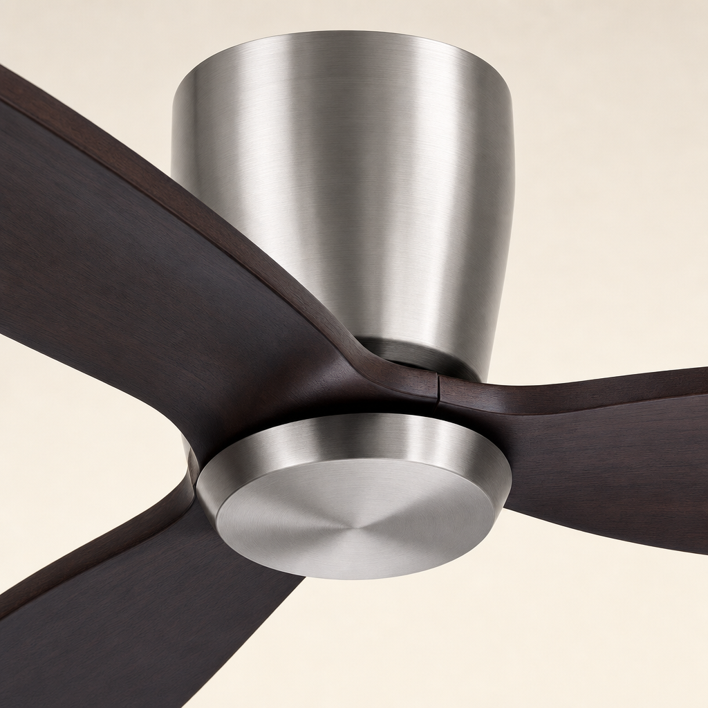 Satin Nickel and Dark Walnut Low-Profile Ceiling Fan - FAN923-A-03 — housing blade joint close-up
