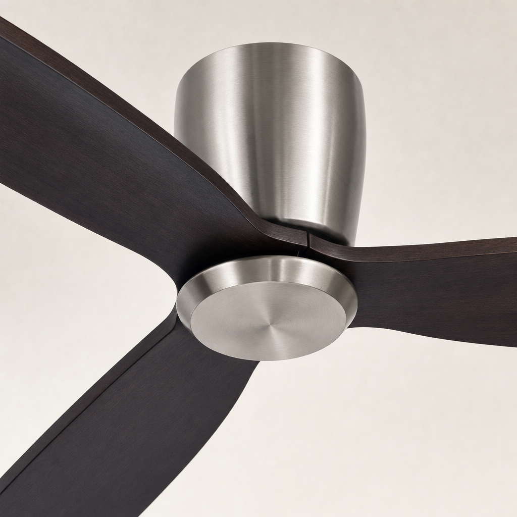 Satin Nickel and Dark Walnut Low-Profile Ceiling Fan - FAN923-A-03 — lower cap finish close-up