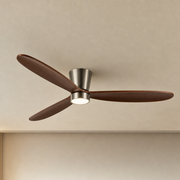 Walnut Low-Profile Ceiling Fan with Light - FAN923-B-01 — Satin Nickel + Walnut Blades clean installed product view on a warm neutral ceiling background