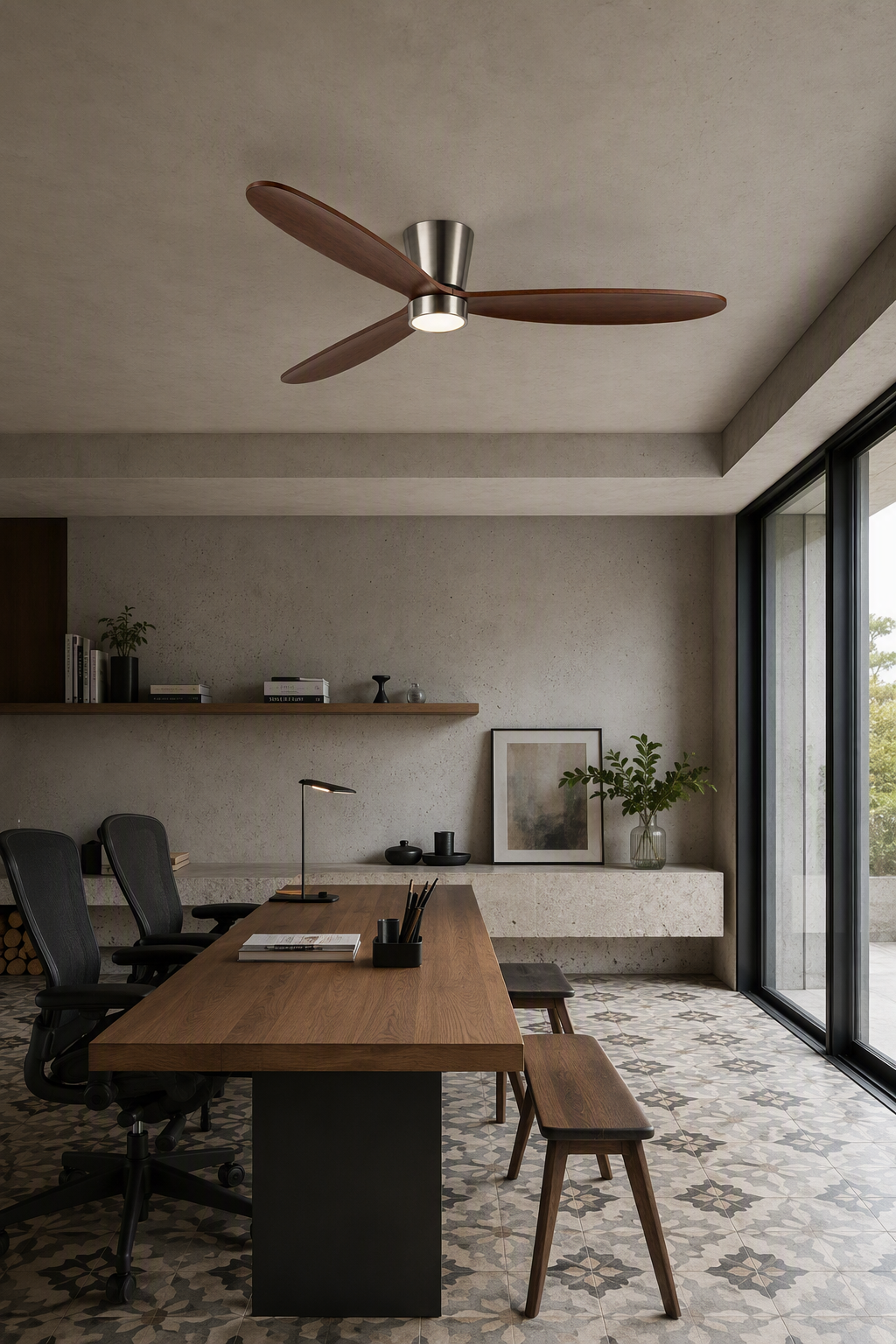 Walnut Low-Profile Ceiling Fan with Light - FAN923-B-01 — loft study room scene