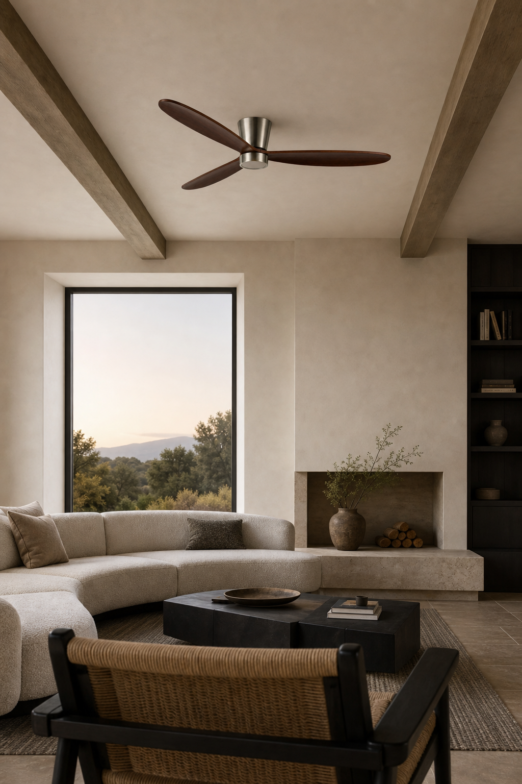 Walnut Low-Profile Ceiling Fan with Light - FAN923-B-01 — double height living room scene