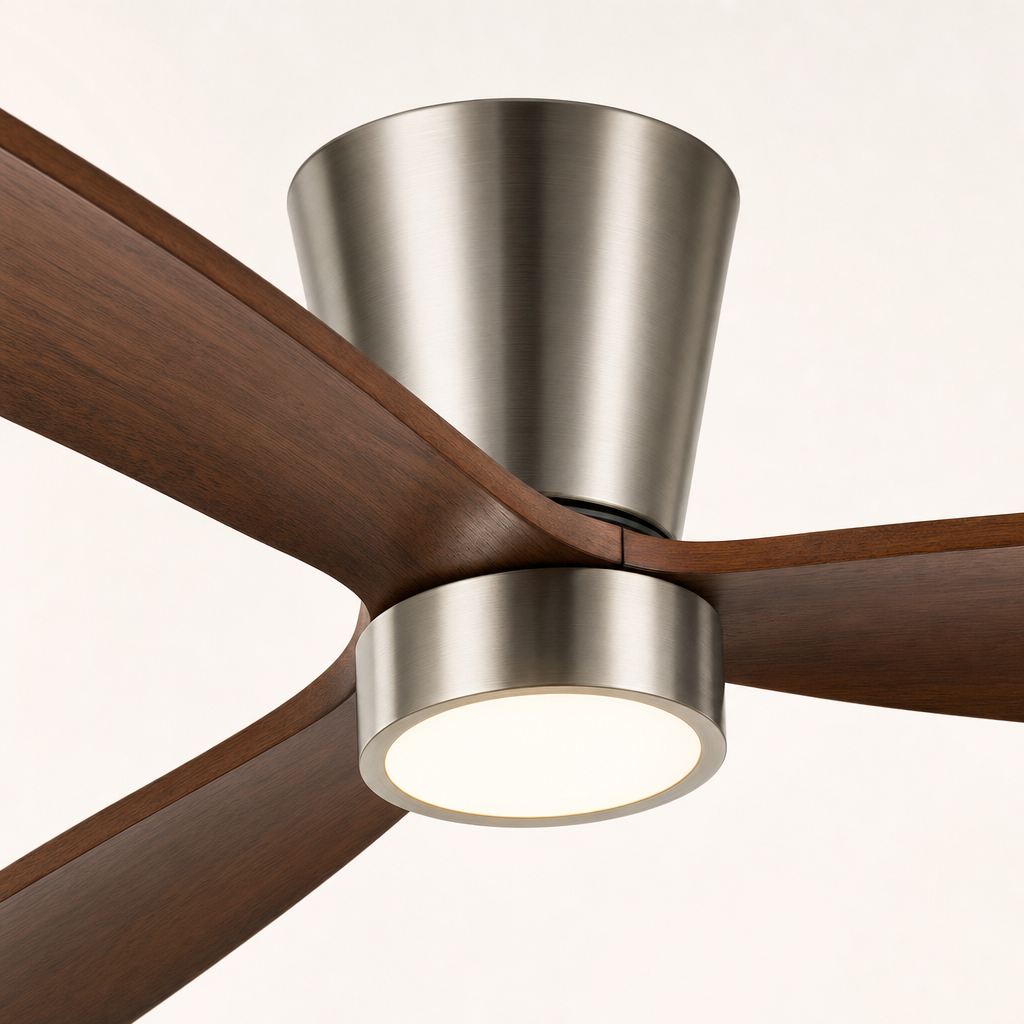 Walnut Low-Profile Ceiling Fan with Light - FAN923-B-01 — housing blade joint close-up
