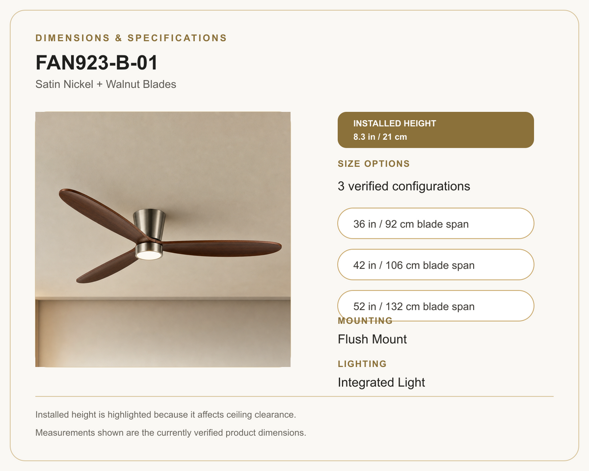 FAN923-B-01 ceiling fan dimensions and specifications