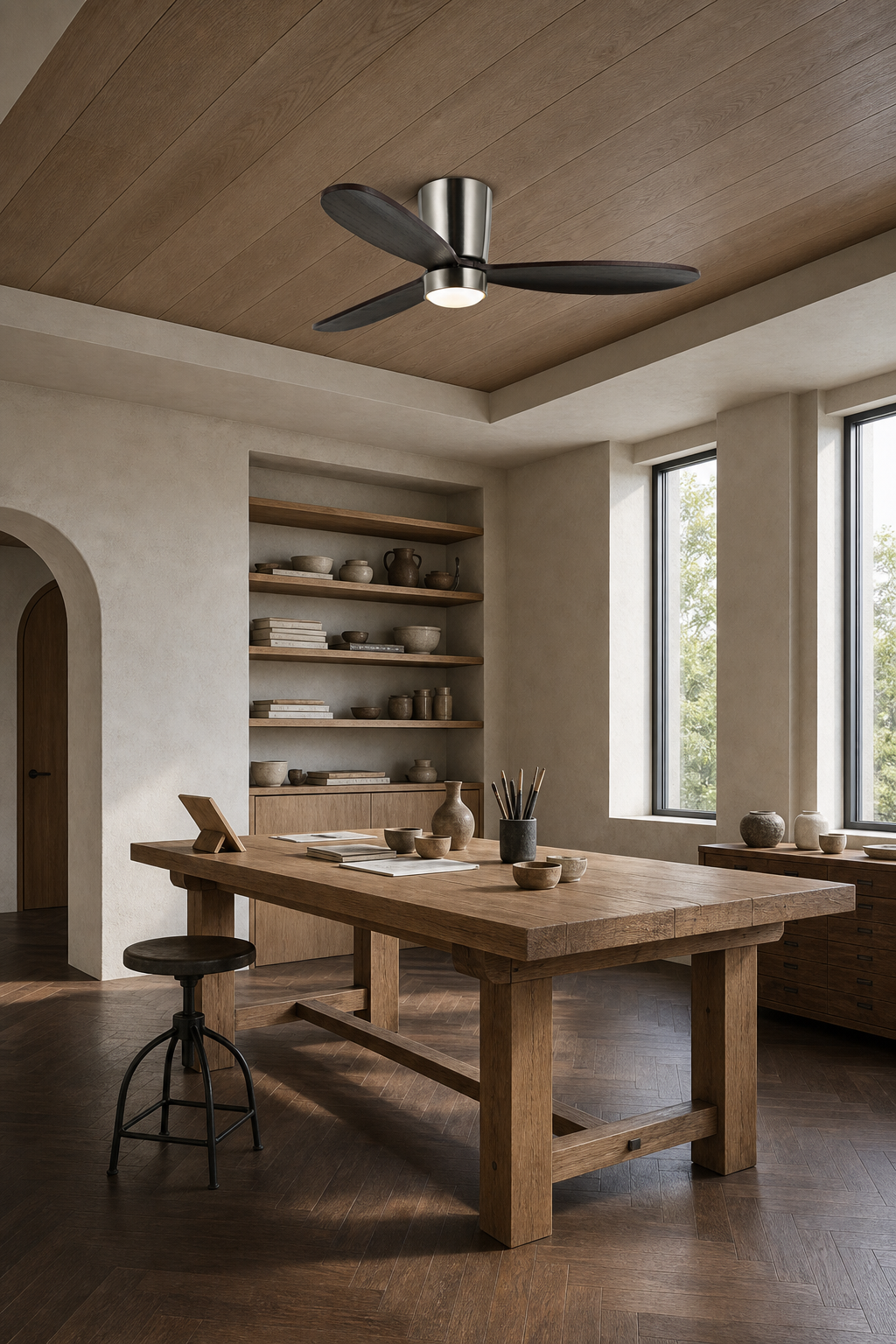 Dark Walnut Low-Profile Ceiling Fan with Light - FAN923-B-02 — atelier studio room scene