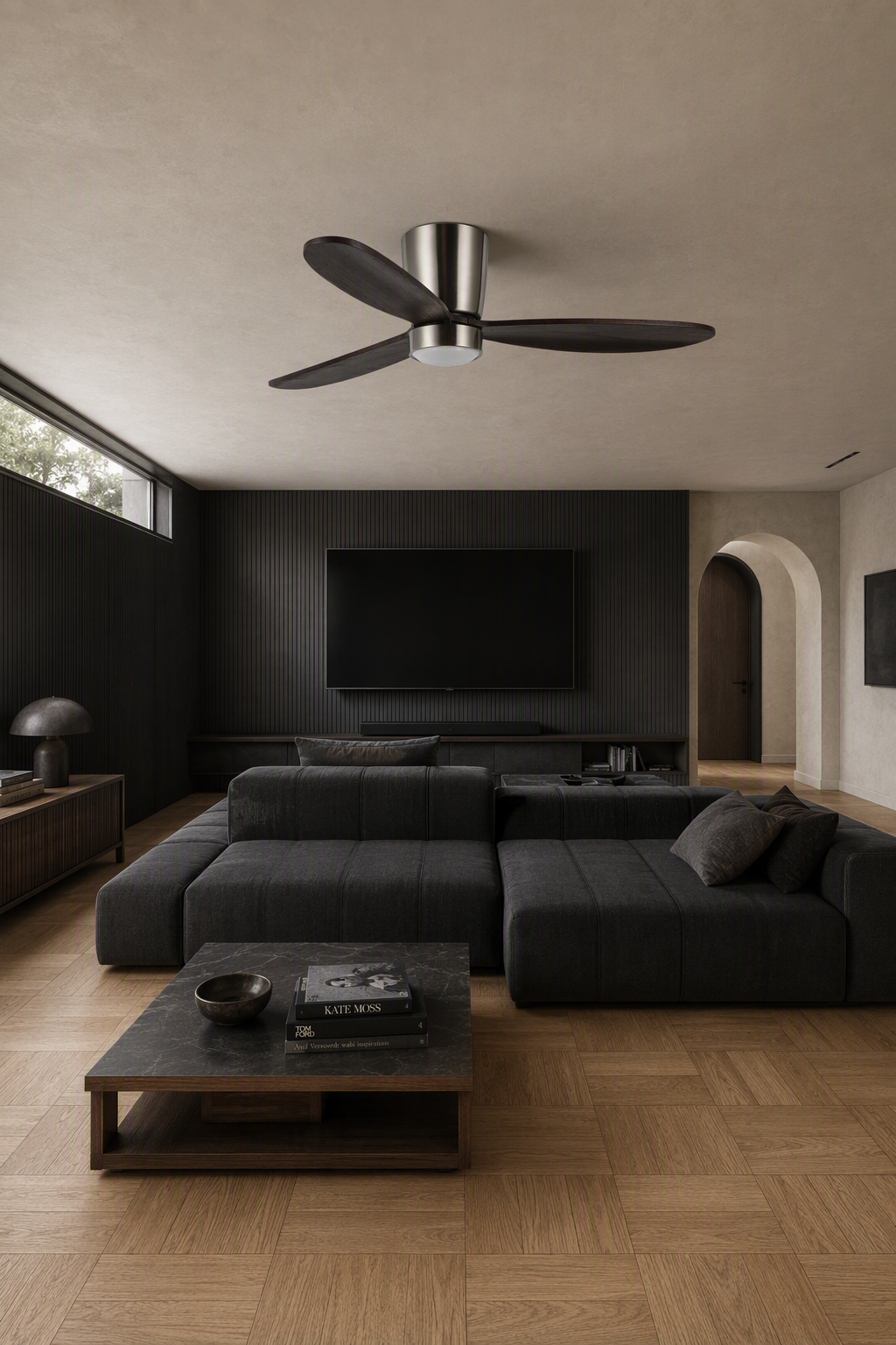 Dark Walnut Low-Profile Ceiling Fan with Light - FAN923-B-02 — media den room scene