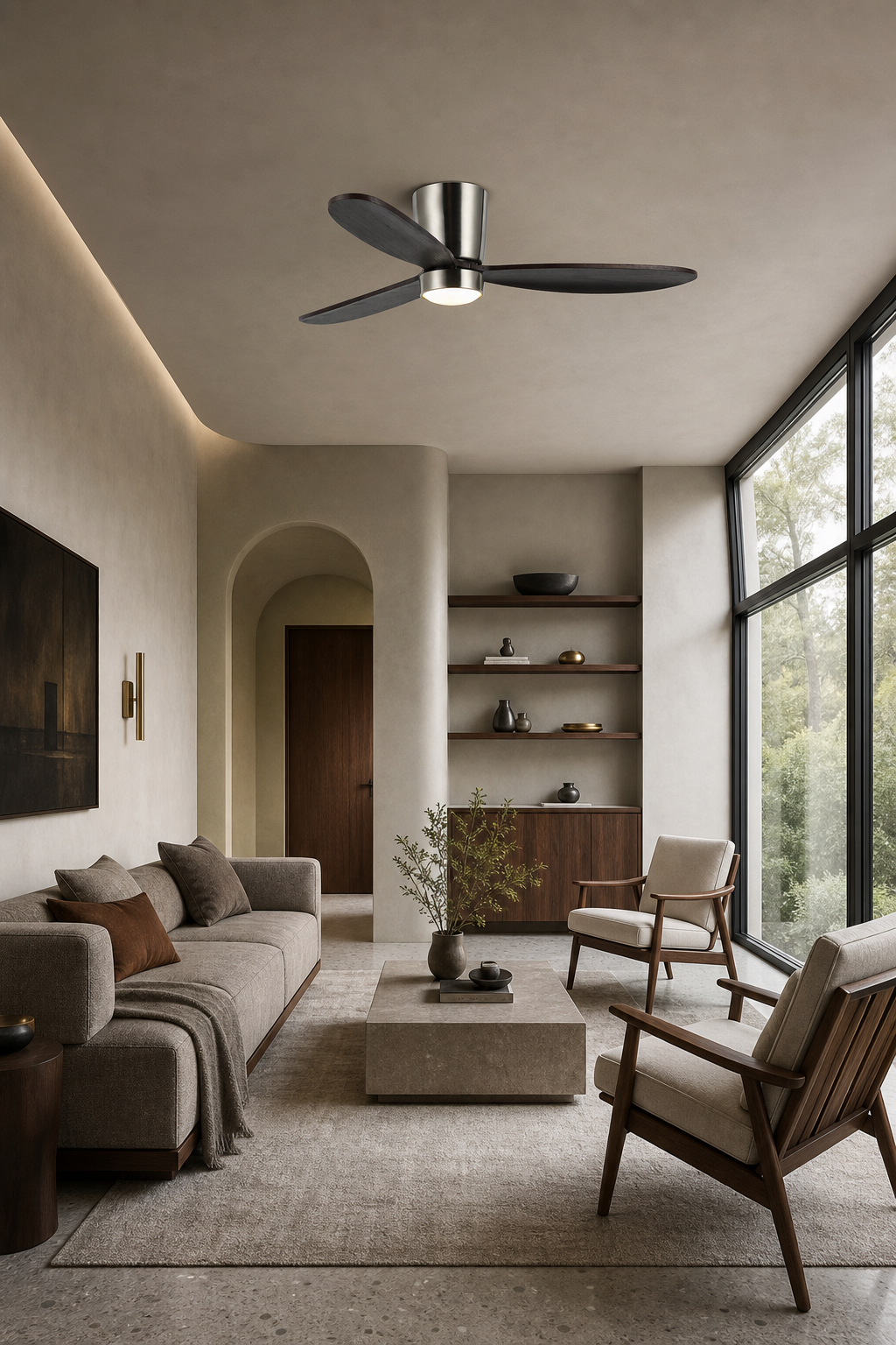 Dark Walnut Low-Profile Ceiling Fan with Light - FAN923-B-02 — panelled salon room scene
