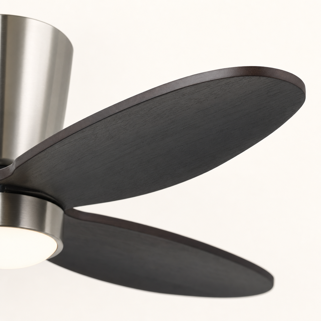 Dark Walnut Low-Profile Ceiling Fan with Light - FAN923-B-02 — blade material edge close-up