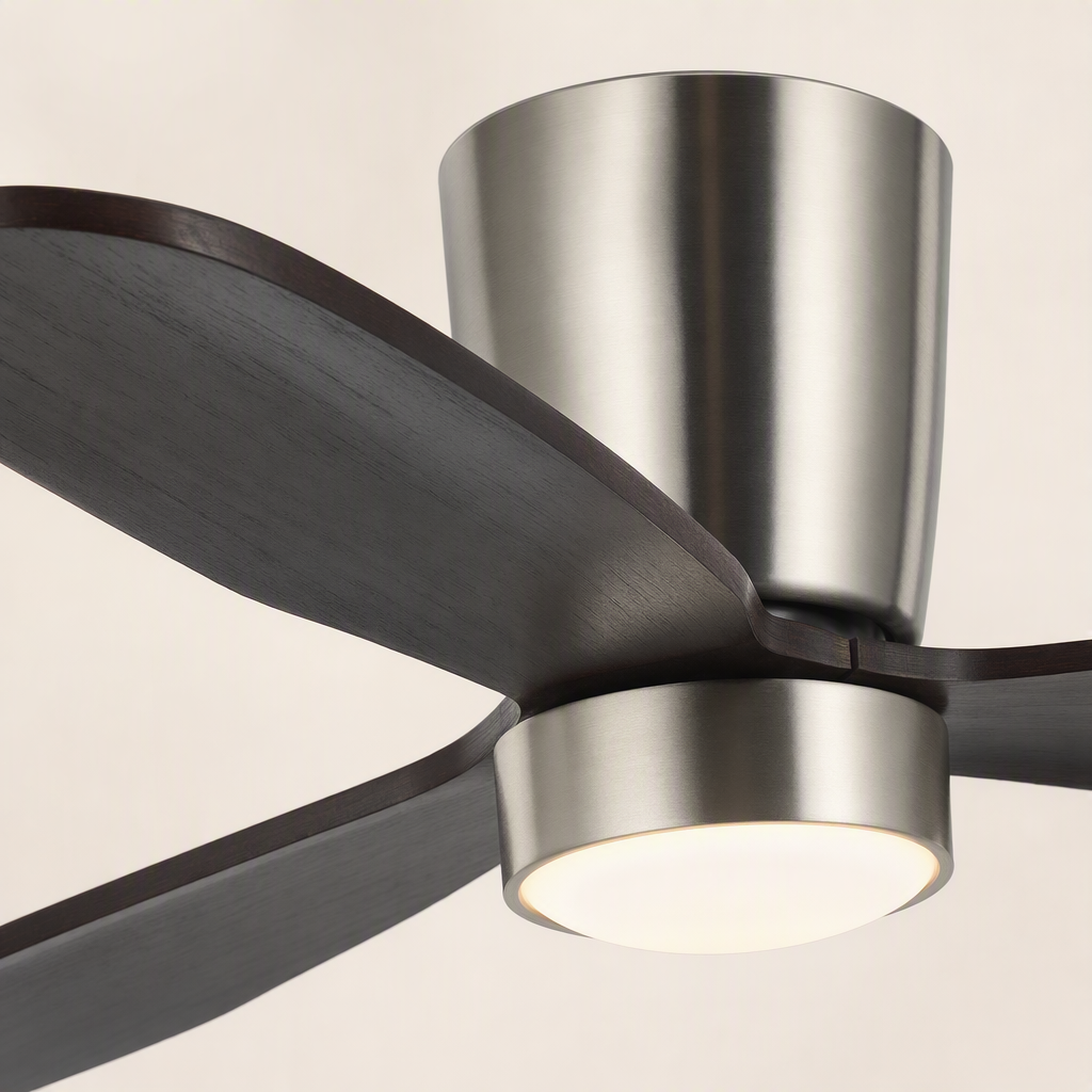 Dark Walnut Low-Profile Ceiling Fan with Light - FAN923-B-02 — housing blade joint close-up