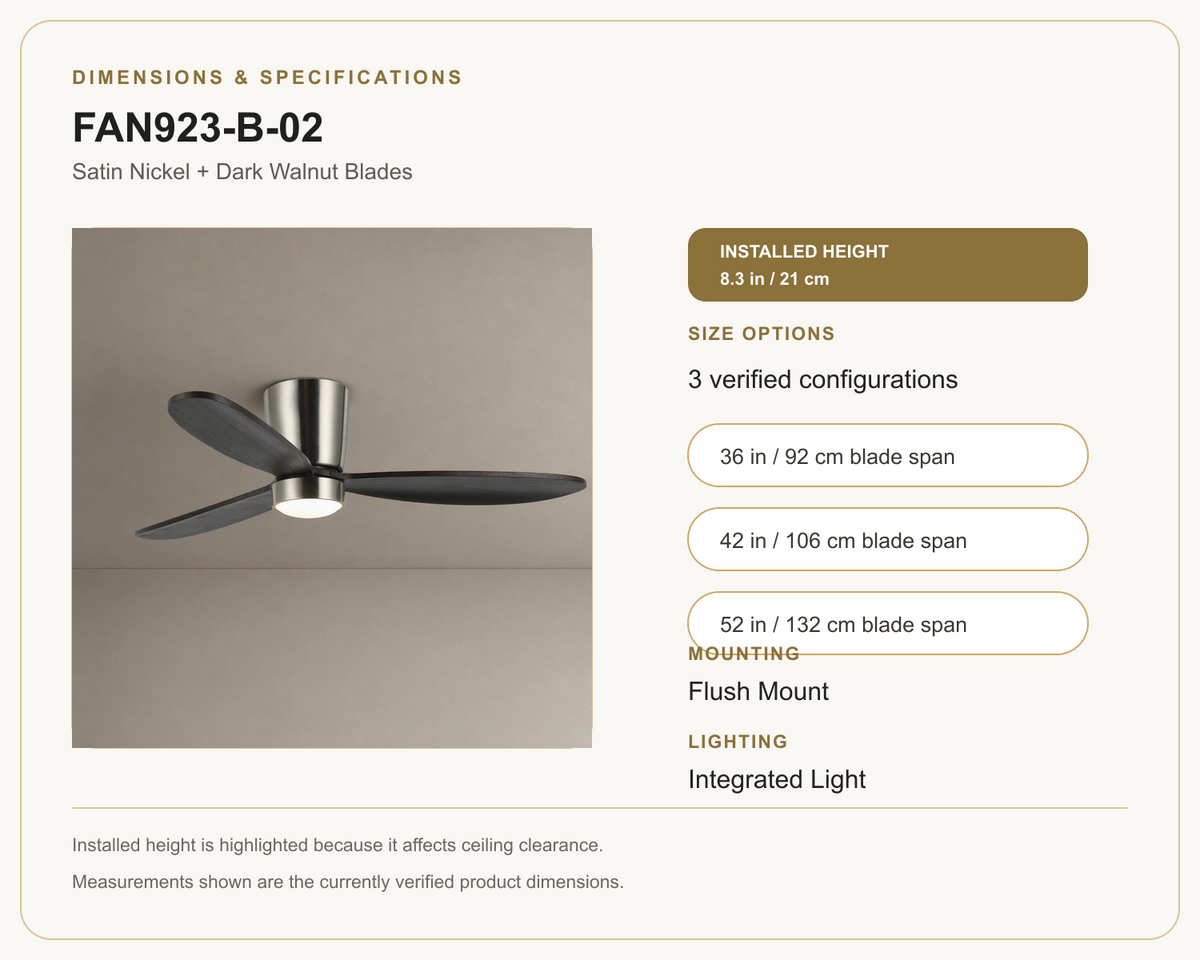 FAN923-B-02 ceiling fan dimensions and specifications