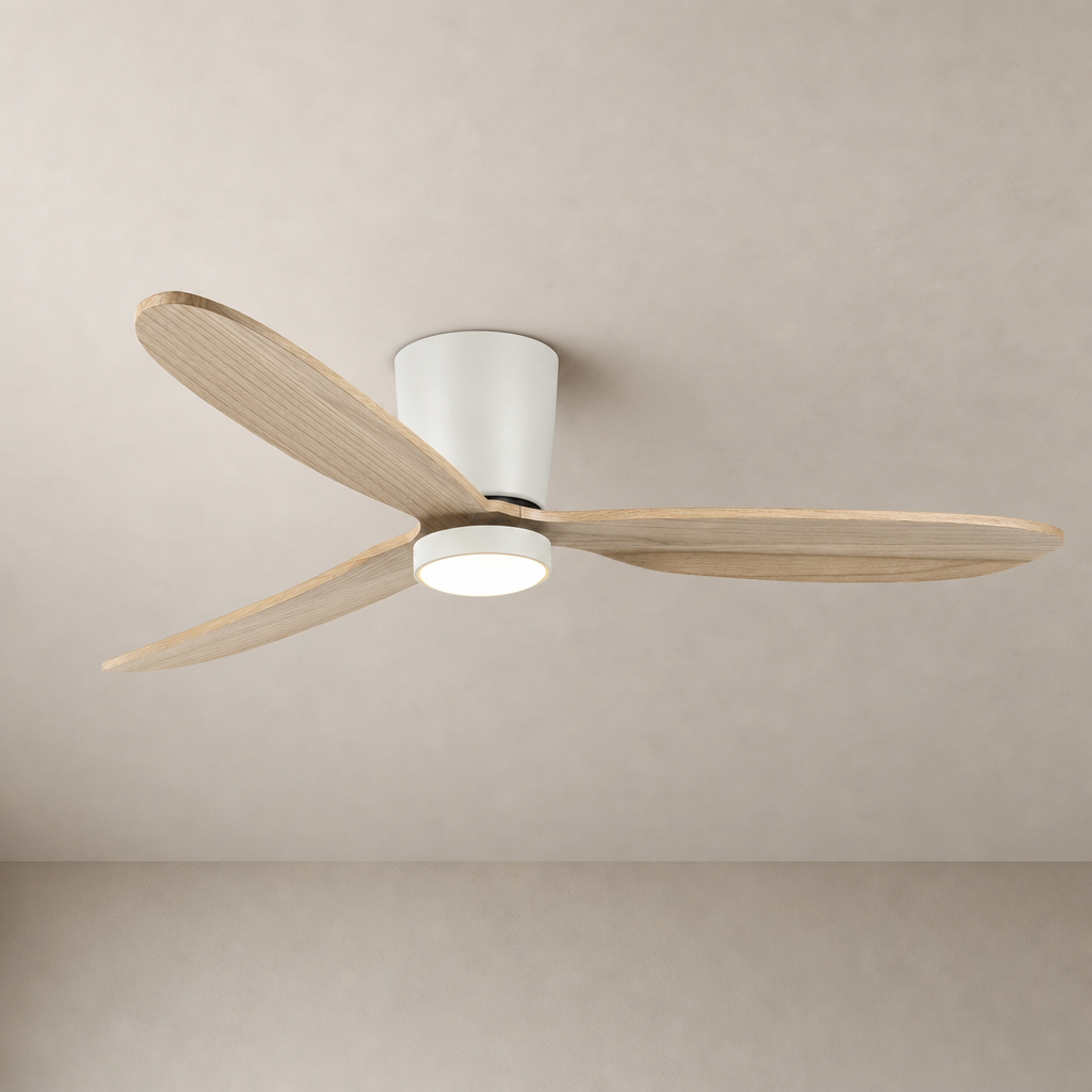 White and Natural Wood Low-Profile Ceiling Fan with Light - FAN923-B-03 — White + Natural Wood Blades clean installed product view on a warm neutral ceiling background