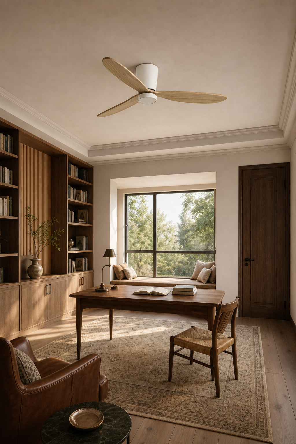 White and Natural Wood Low-Profile Ceiling Fan with Light - FAN923-B-03 — library study room scene