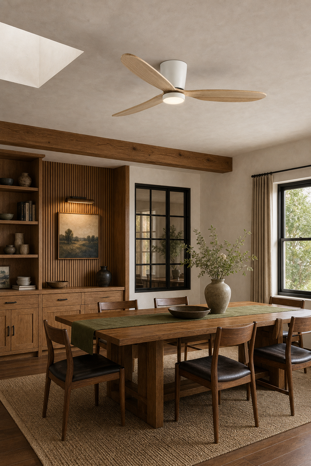 White and Natural Wood Low-Profile Ceiling Fan with Light - FAN923-B-03 — craftsman dining room scene