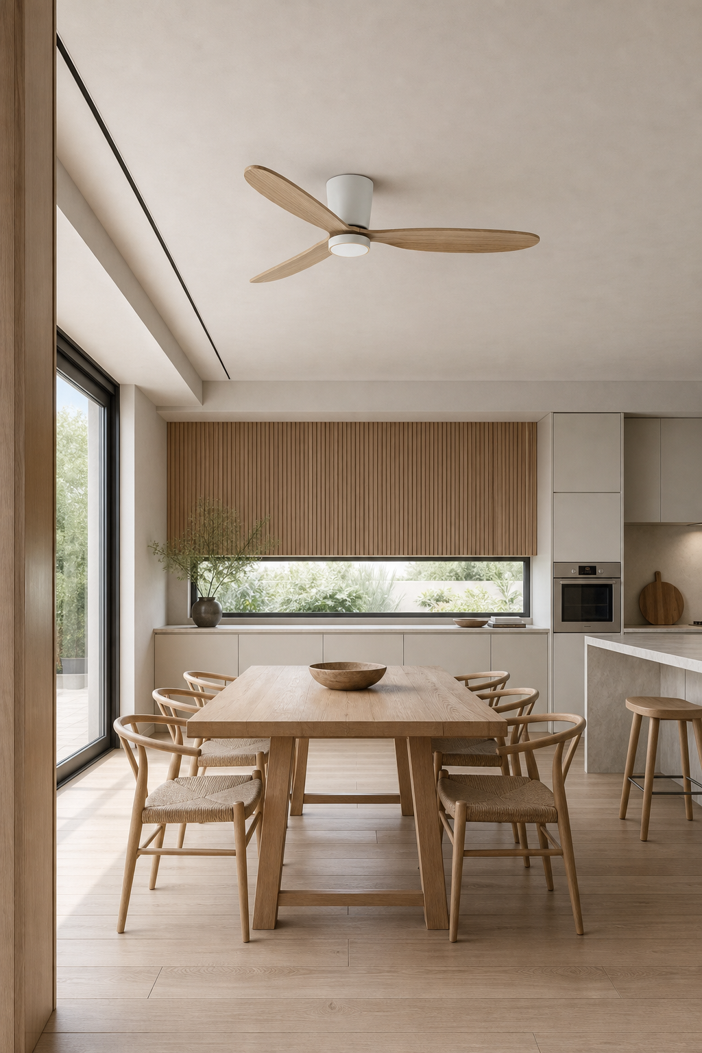 White and Natural Wood Low-Profile Ceiling Fan with Light - FAN923-B-03 — open kitchen dining room scene
