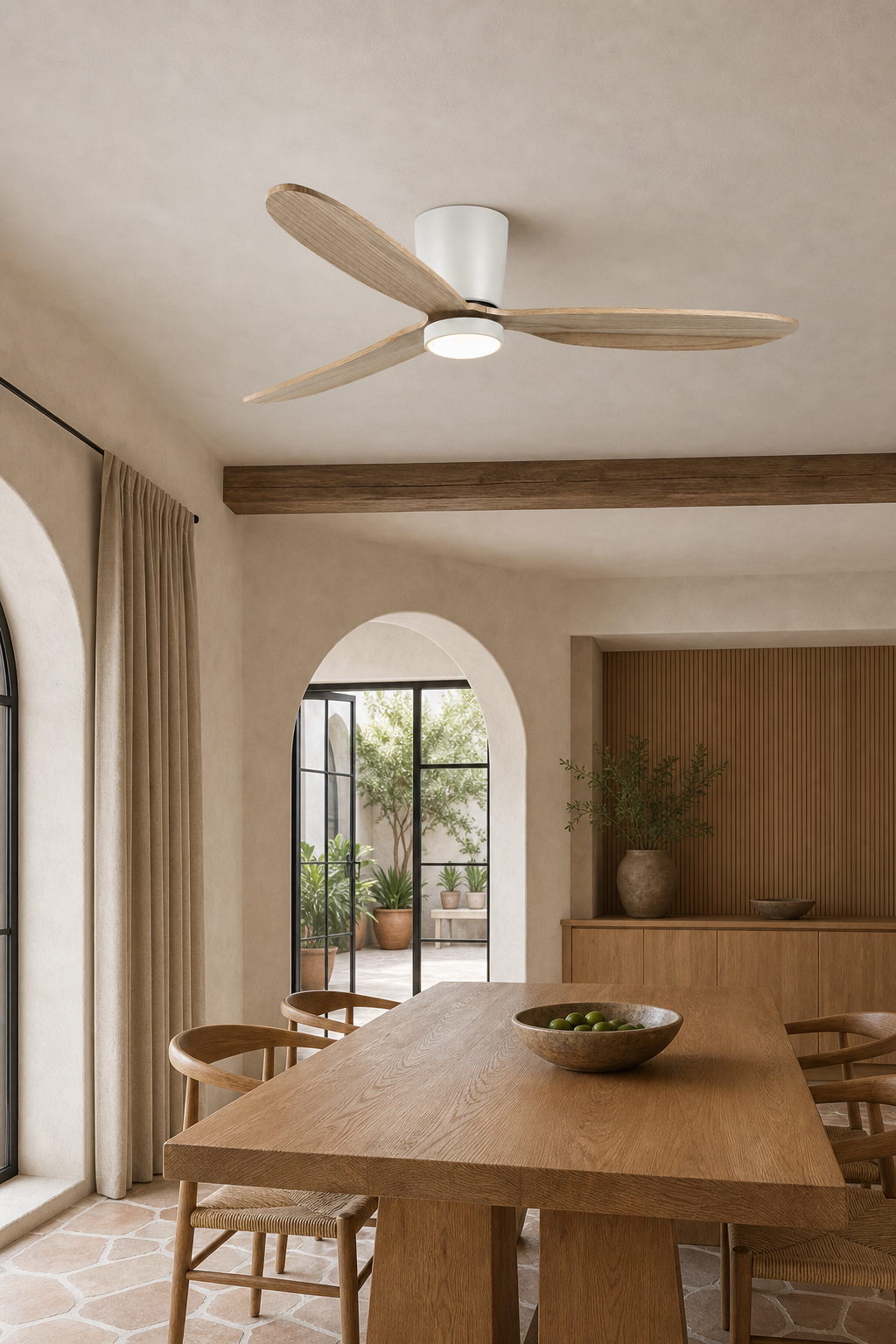 White and Natural Wood Low-Profile Ceiling Fan with Light - FAN923-B-03 — mediterranean dining room scene